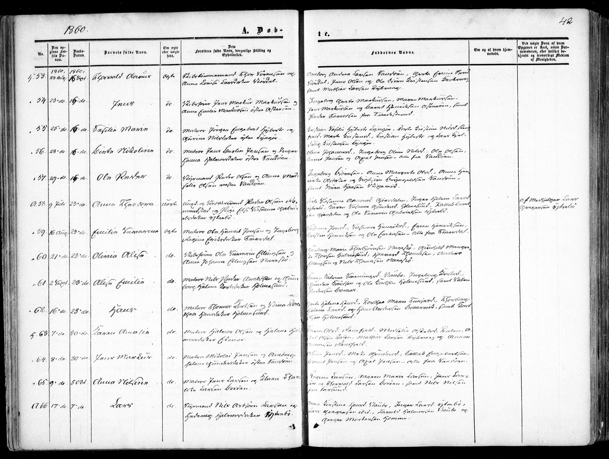Dypvåg sokneprestkontor, SAK/1111-0007/F/Fa/Faa/L0006: Parish register (official) no. A 6, 1855-1872, p. 42