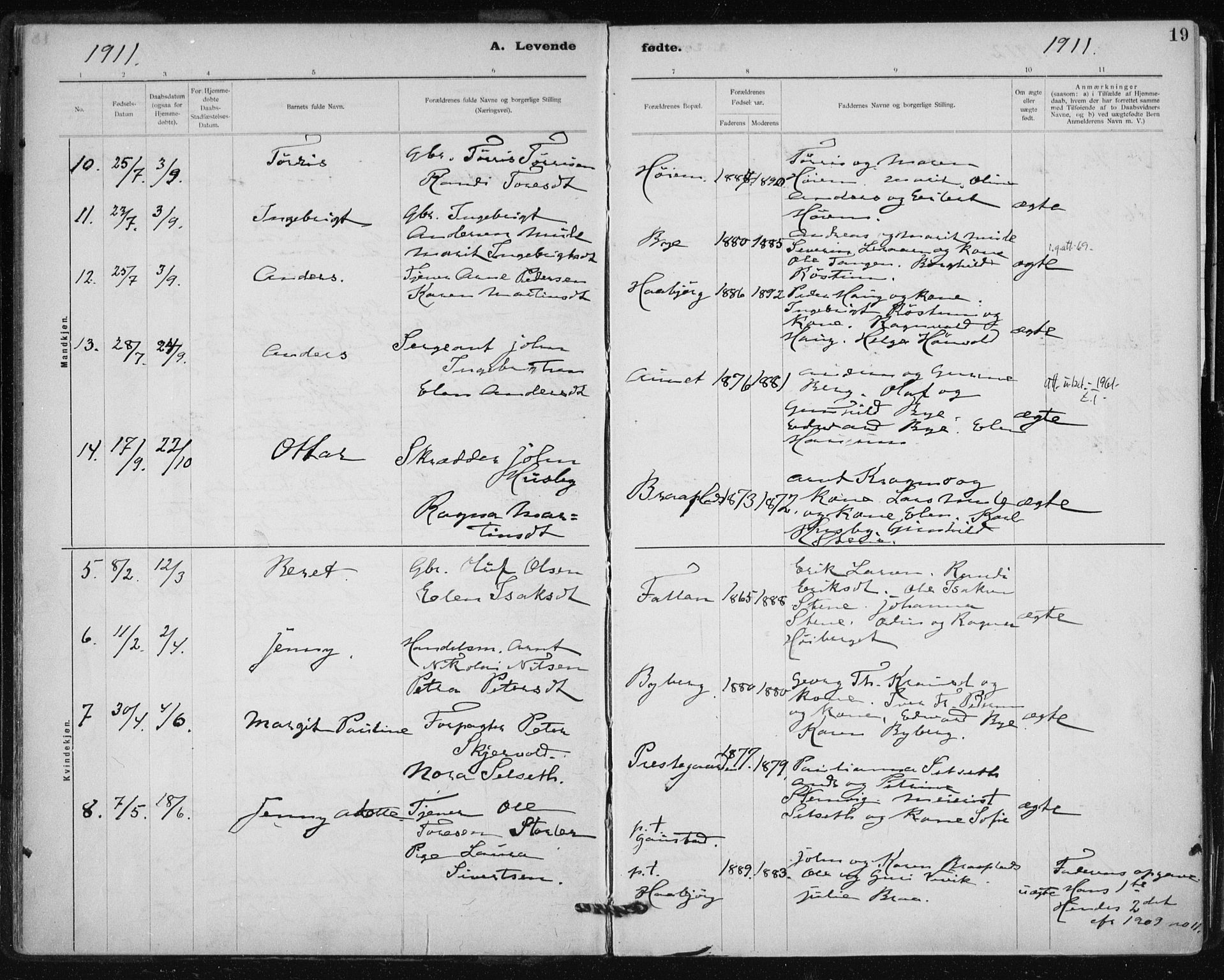 Ministerialprotokoller, klokkerbøker og fødselsregistre - Sør-Trøndelag, SAT/A-1456/612/L0381: Parish register (official) no. 612A13, 1907-1923, p. 19