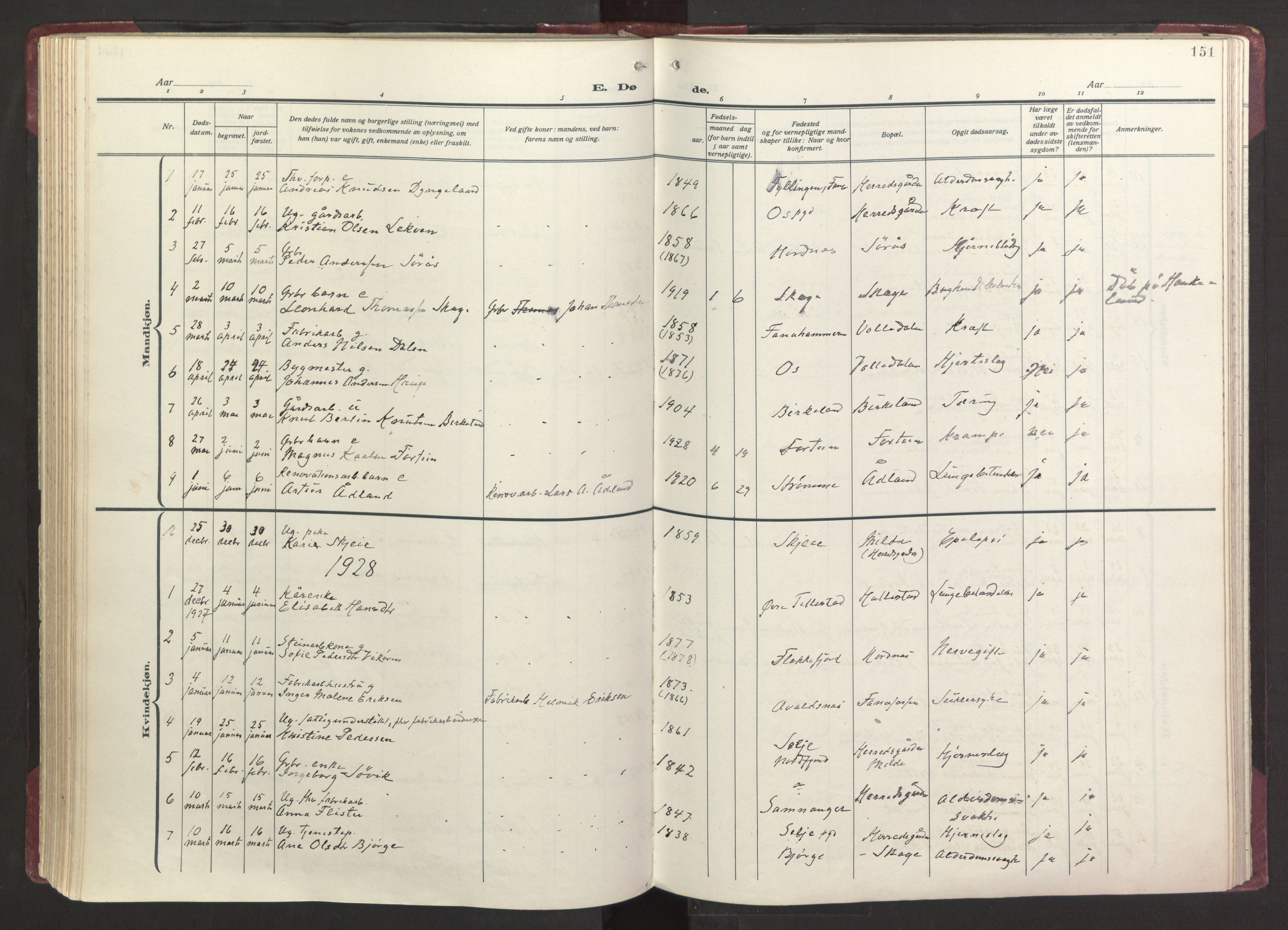 Fana Sokneprestembete, SAB/A-75101/H/Haa/Haab/L0006: Parish register (official) no. B 6, 1923-1967, p. 151