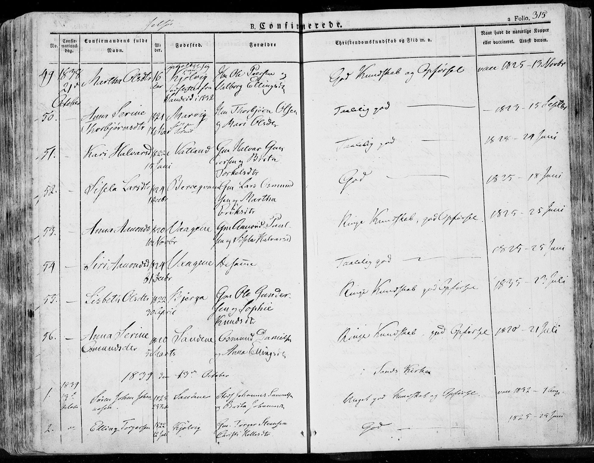 Jelsa sokneprestkontor, SAST/A-101842/01/IV: Parish register (official) no. A 6.1, 1828-1853, p. 315