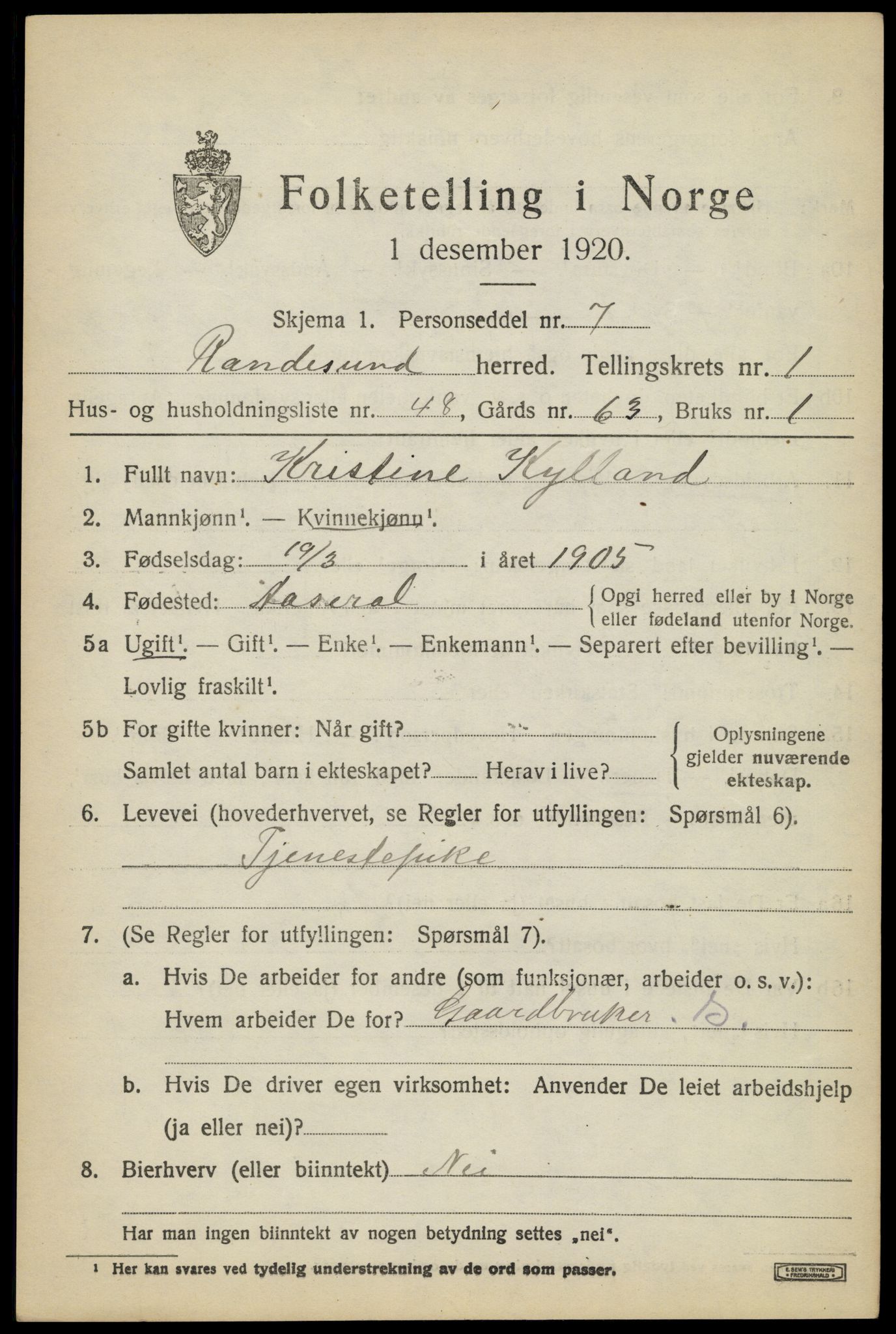 SAK, 1920 census for Randesund, 1920, p. 1058