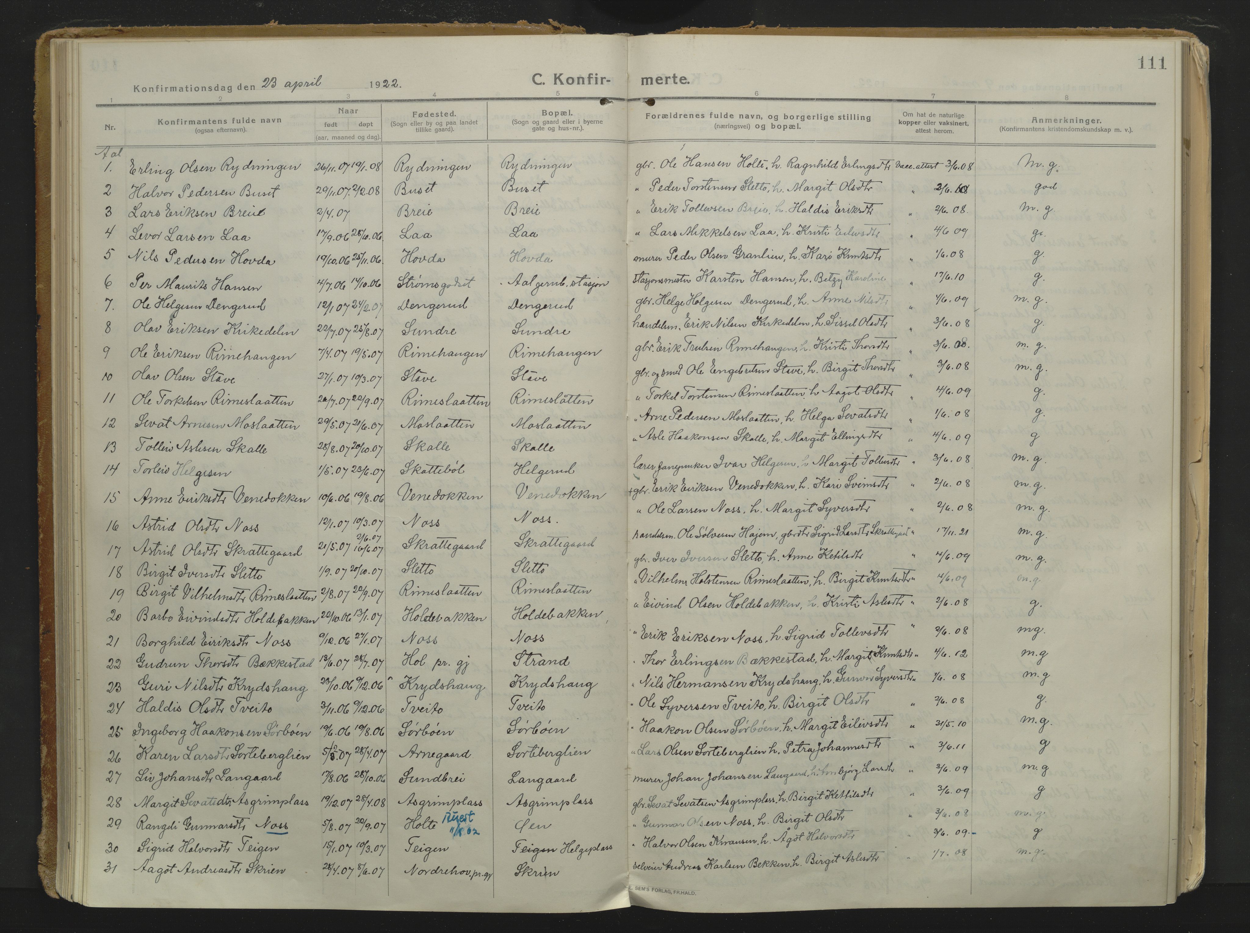 Ål kirkebøker, AV/SAKO-A-249/F/Fa/L0010: Parish register (official) no. I 10, 1915-1934, p. 111