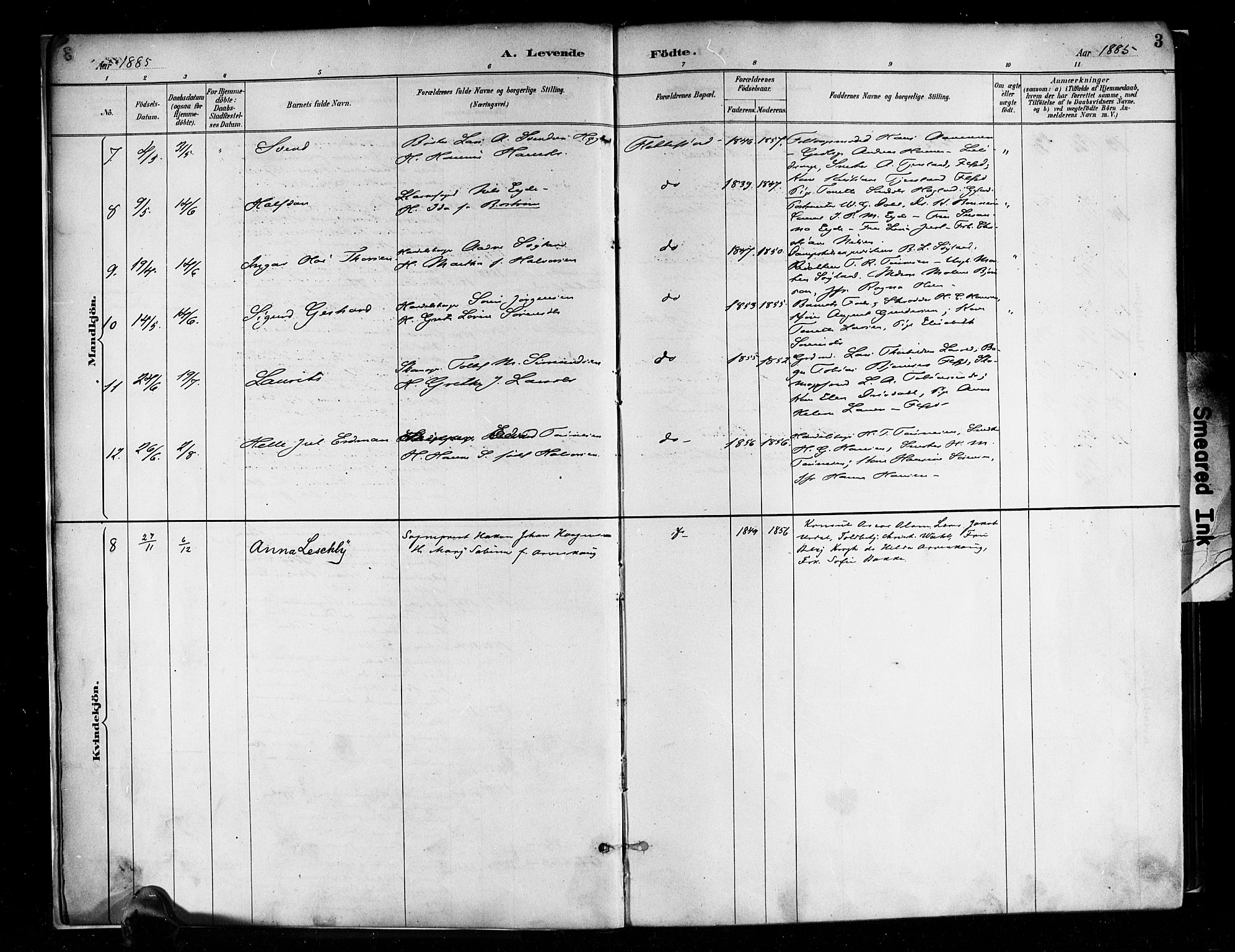 Flekkefjord sokneprestkontor, SAK/1111-0012/F/Fa/Faa/L0001: Parish register (official) no. A 1, 1885-1900, p. 3