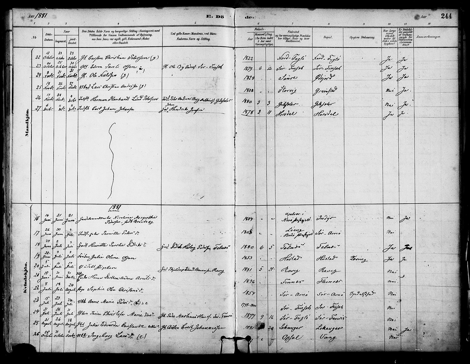 Ministerialprotokoller, klokkerbøker og fødselsregistre - Nordland, AV/SAT-A-1459/805/L0099: Parish register (official) no. 805A06, 1880-1891, p. 244