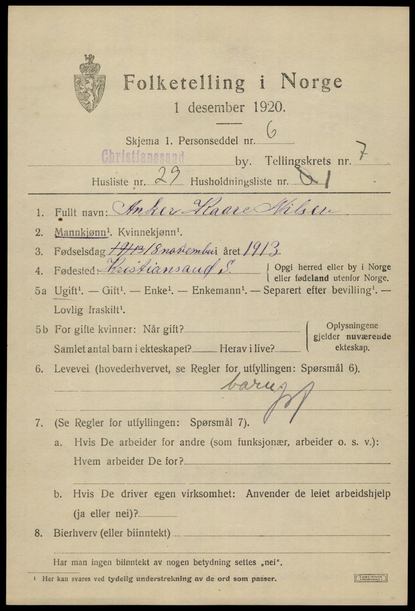 SAK, 1920 census for Kristiansand, 1920, p. 20551