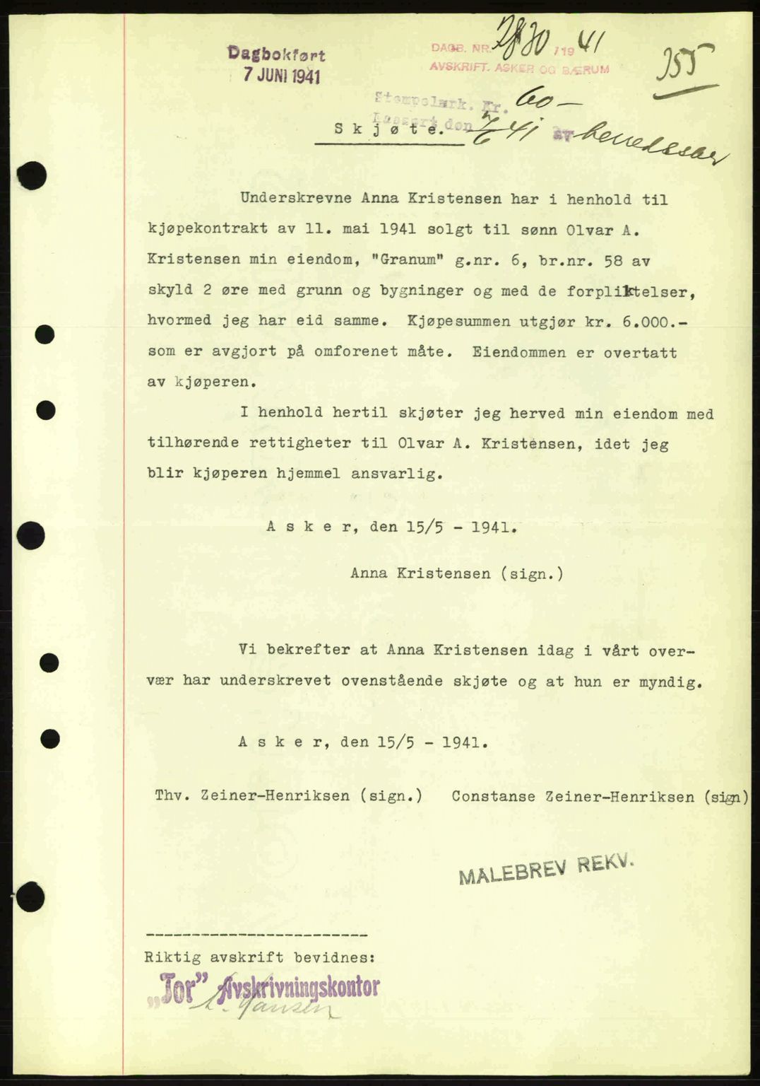 Aker herredsskriveri, AV/SAO-A-10896/G/Gb/Gbb/Gbbb/L0019: Mortgage book no. A65, 1941-1941, Diary no: : 2830/1941