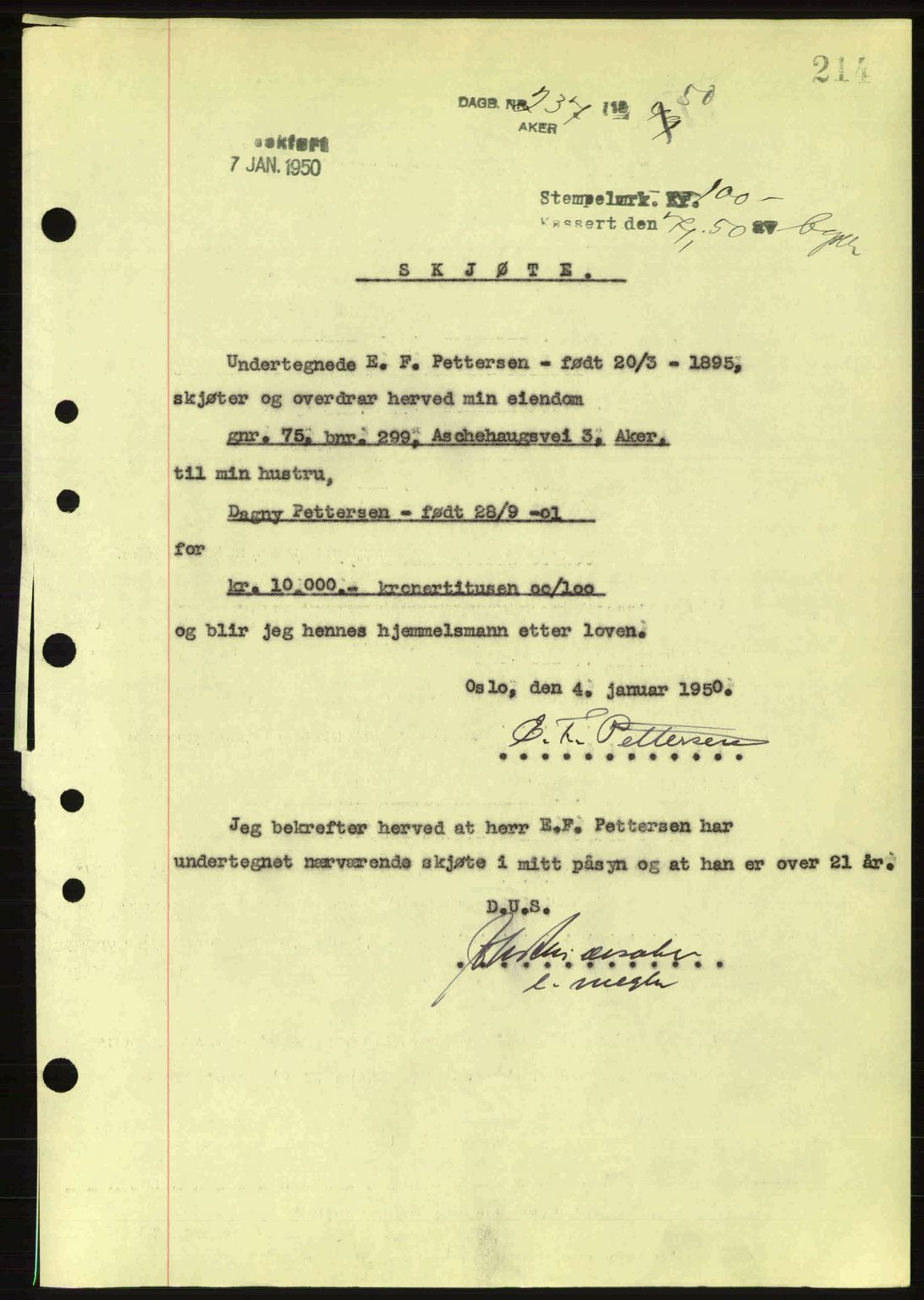Oslo byskriverembete, AV/SAO-A-10227/G/Gb/Gbd/Gbda/L0017: Mortgage book no. A215, 1949-1950, Diary no: : 237/1950