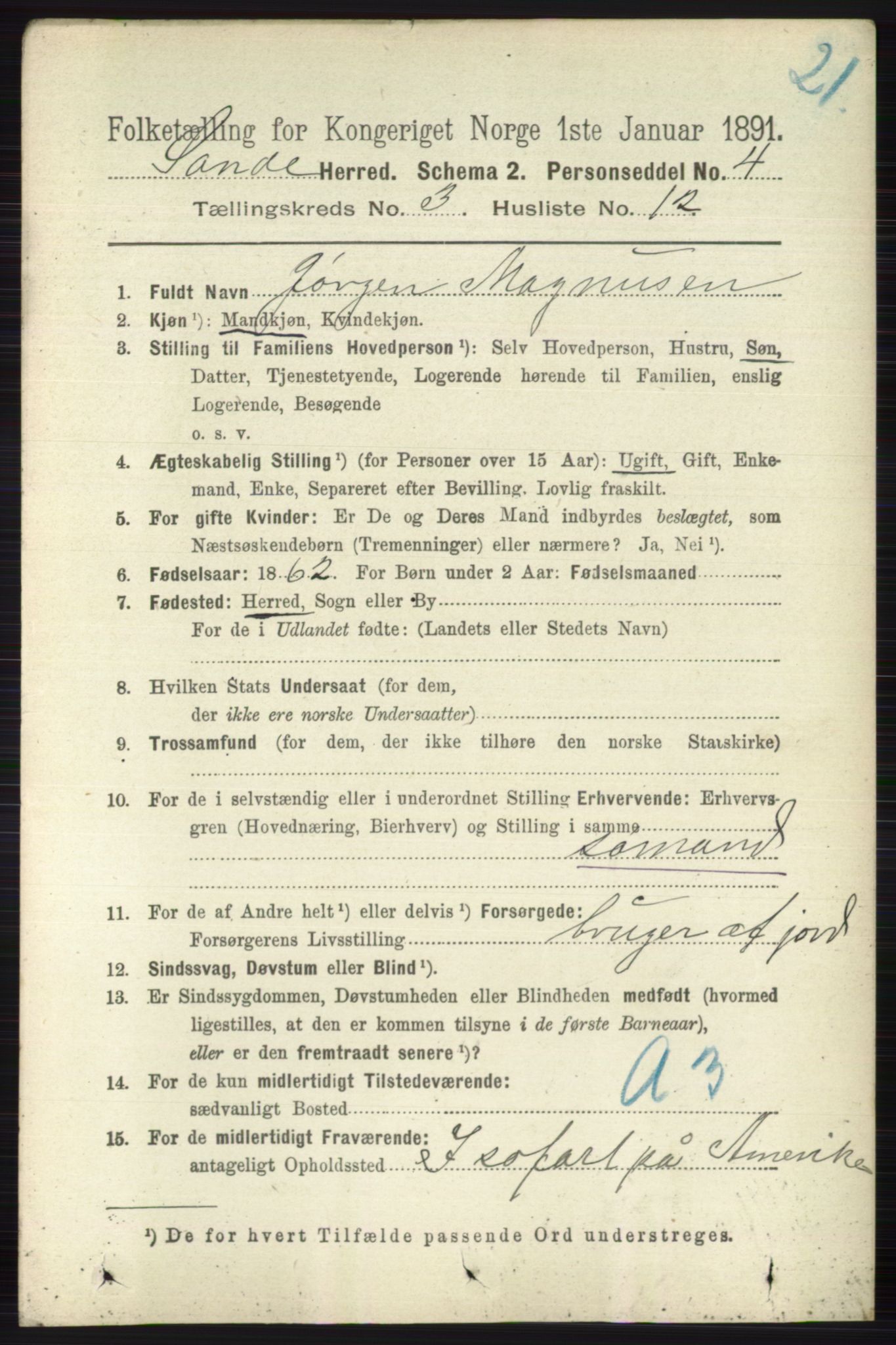 RA, 1891 census for 0713 Sande, 1891, p. 1008