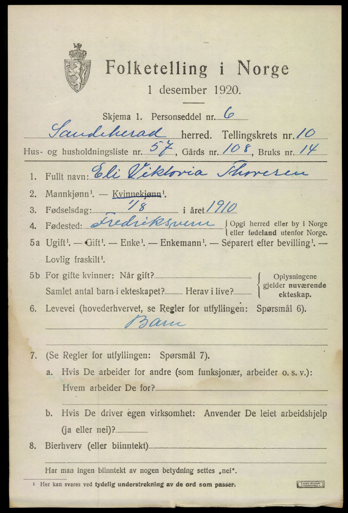 SAKO, 1920 census for Sandeherred, 1920, p. 15254