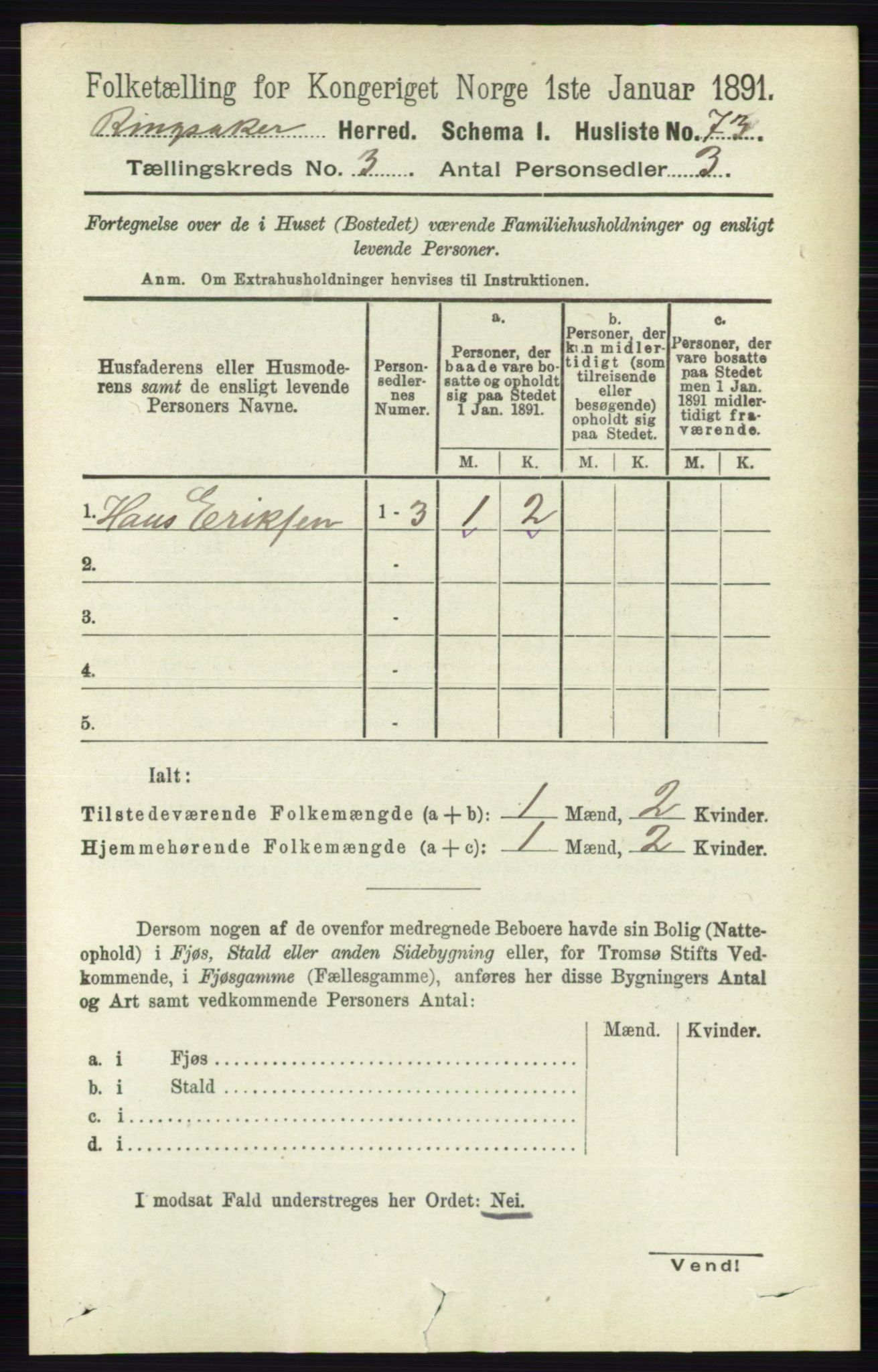 RA, 1891 census for 0412 Ringsaker, 1891, p. 1234