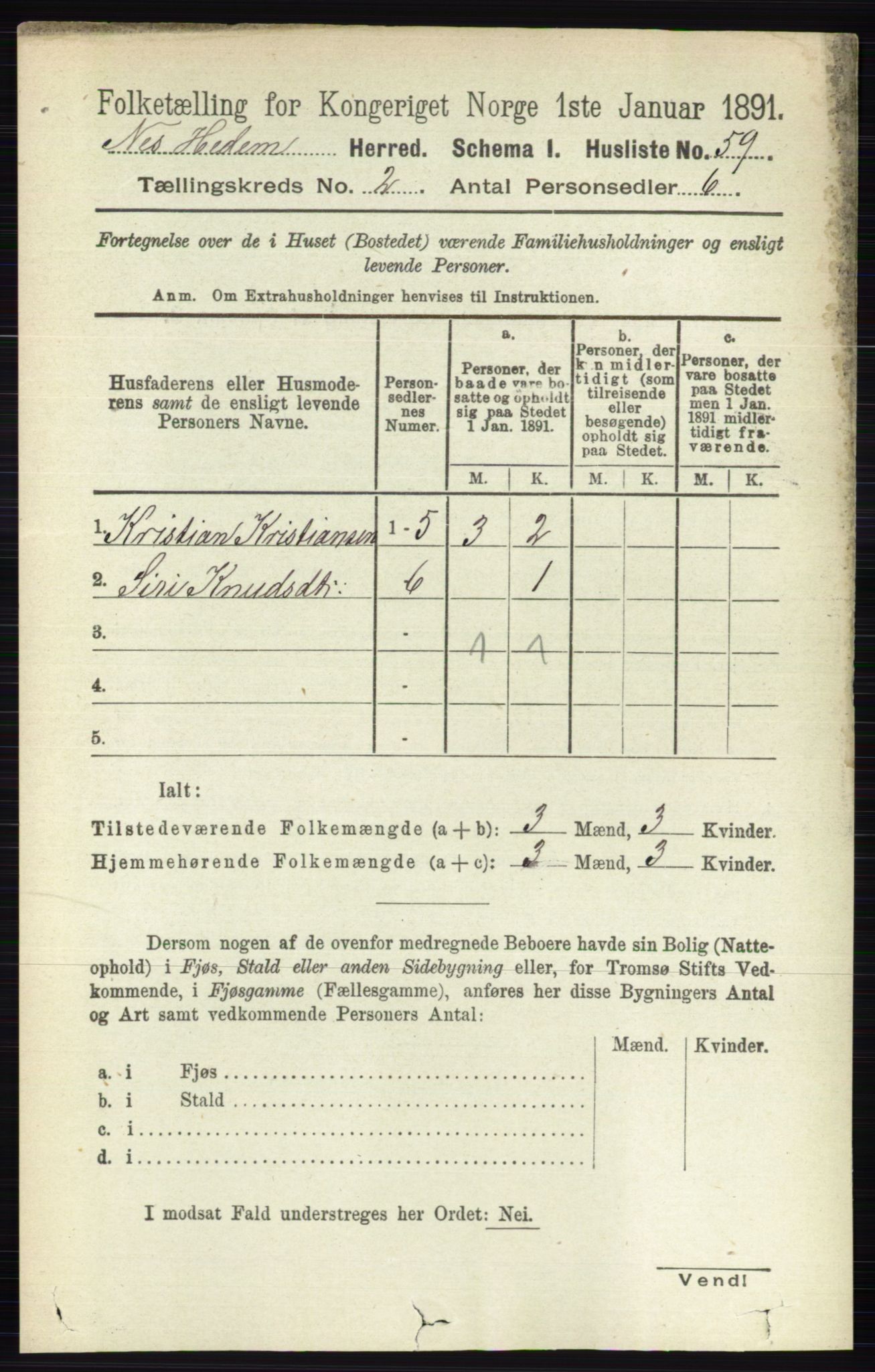 RA, 1891 census for 0411 Nes, 1891, p. 1064