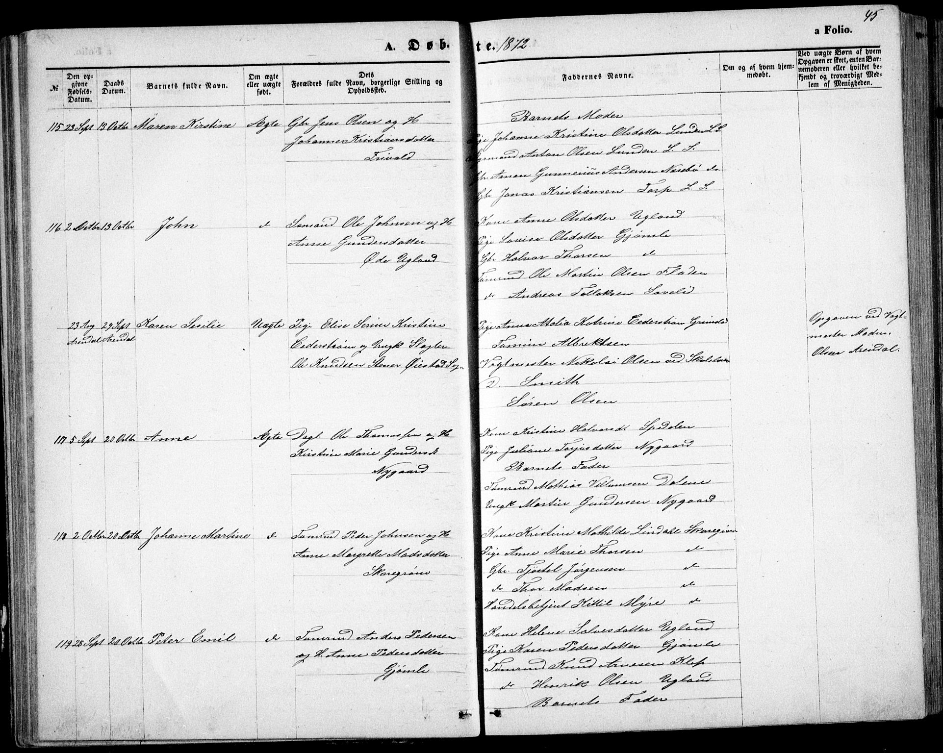 Fjære sokneprestkontor, AV/SAK-1111-0011/F/Fb/L0010: Parish register (copy) no. B 10, 1871-1880, p. 45