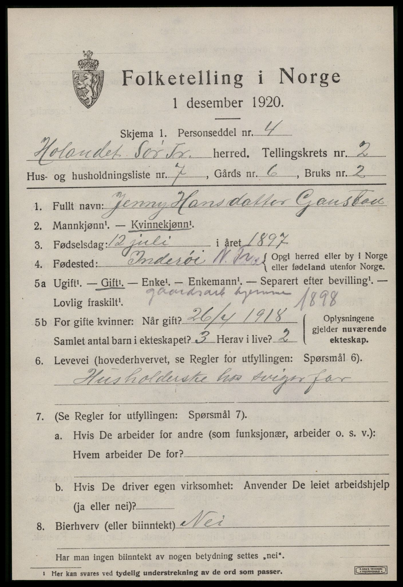 SAT, 1920 census for Hølonda, 1920, p. 599