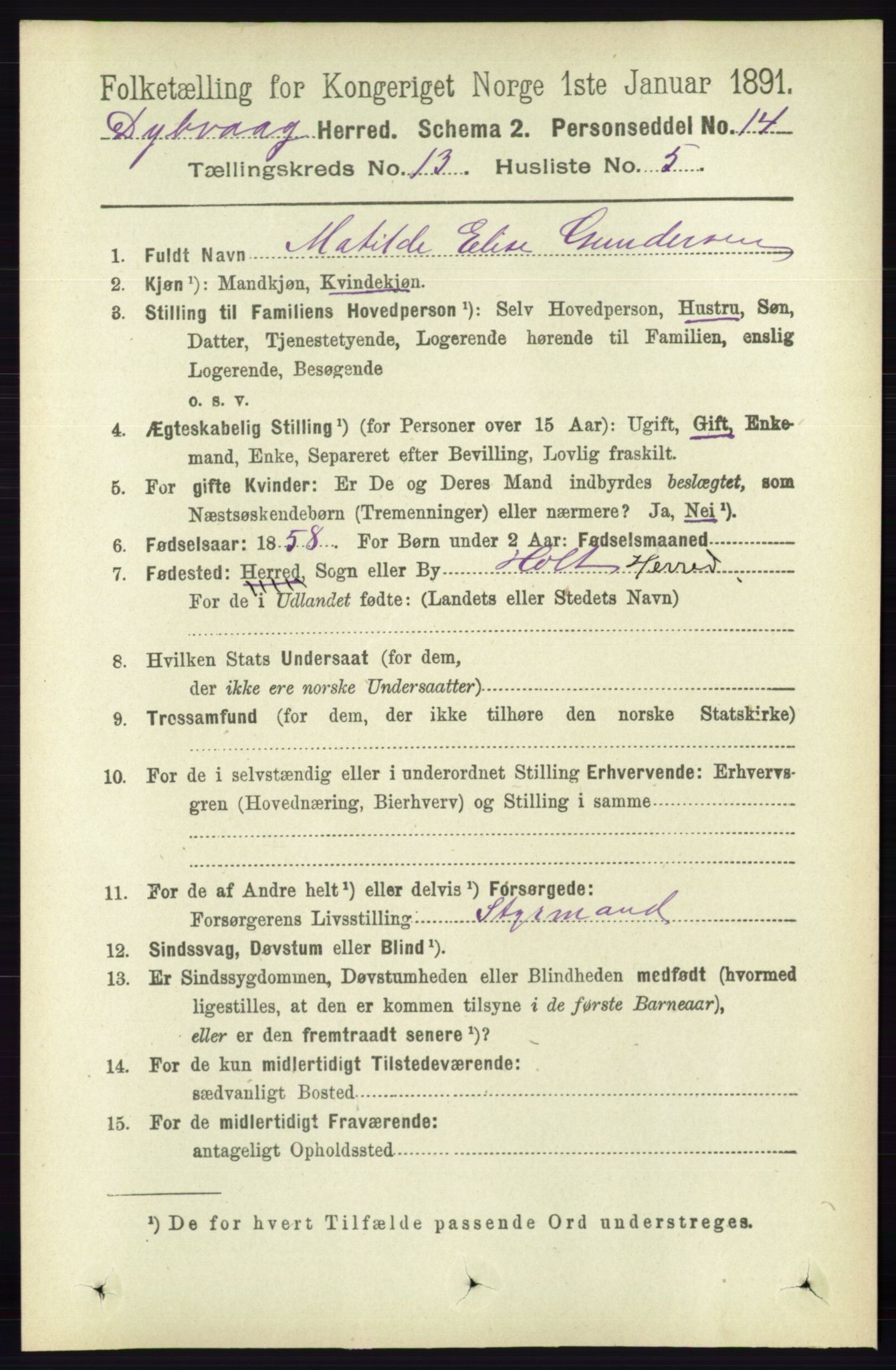 RA, 1891 census for 0915 Dypvåg, 1891, p. 5331