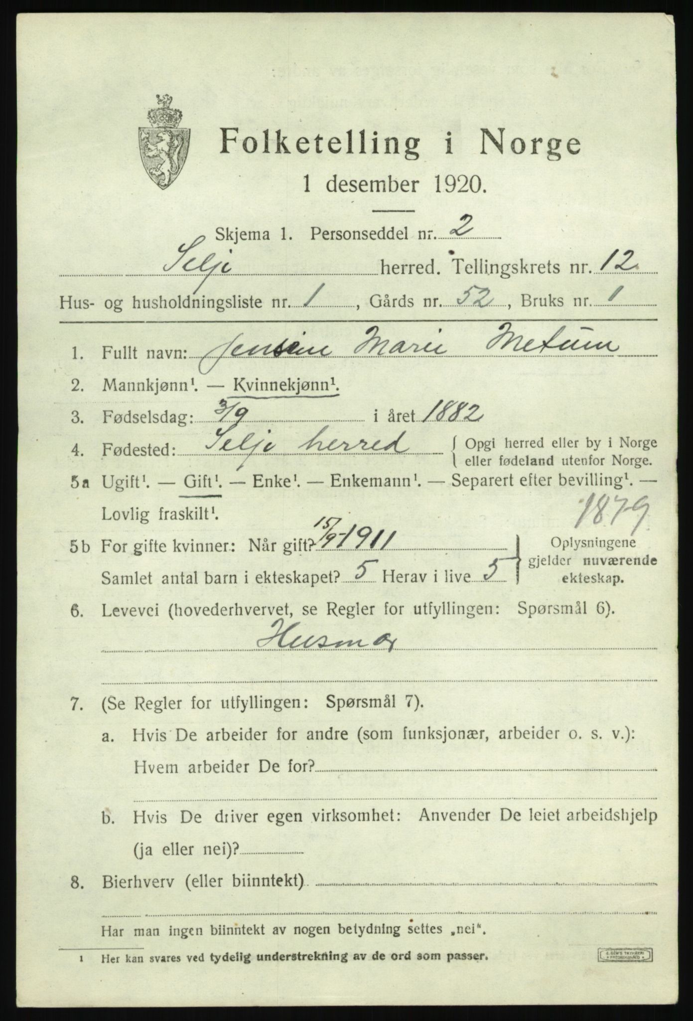 SAB, 1920 census for Selje, 1920, p. 5133