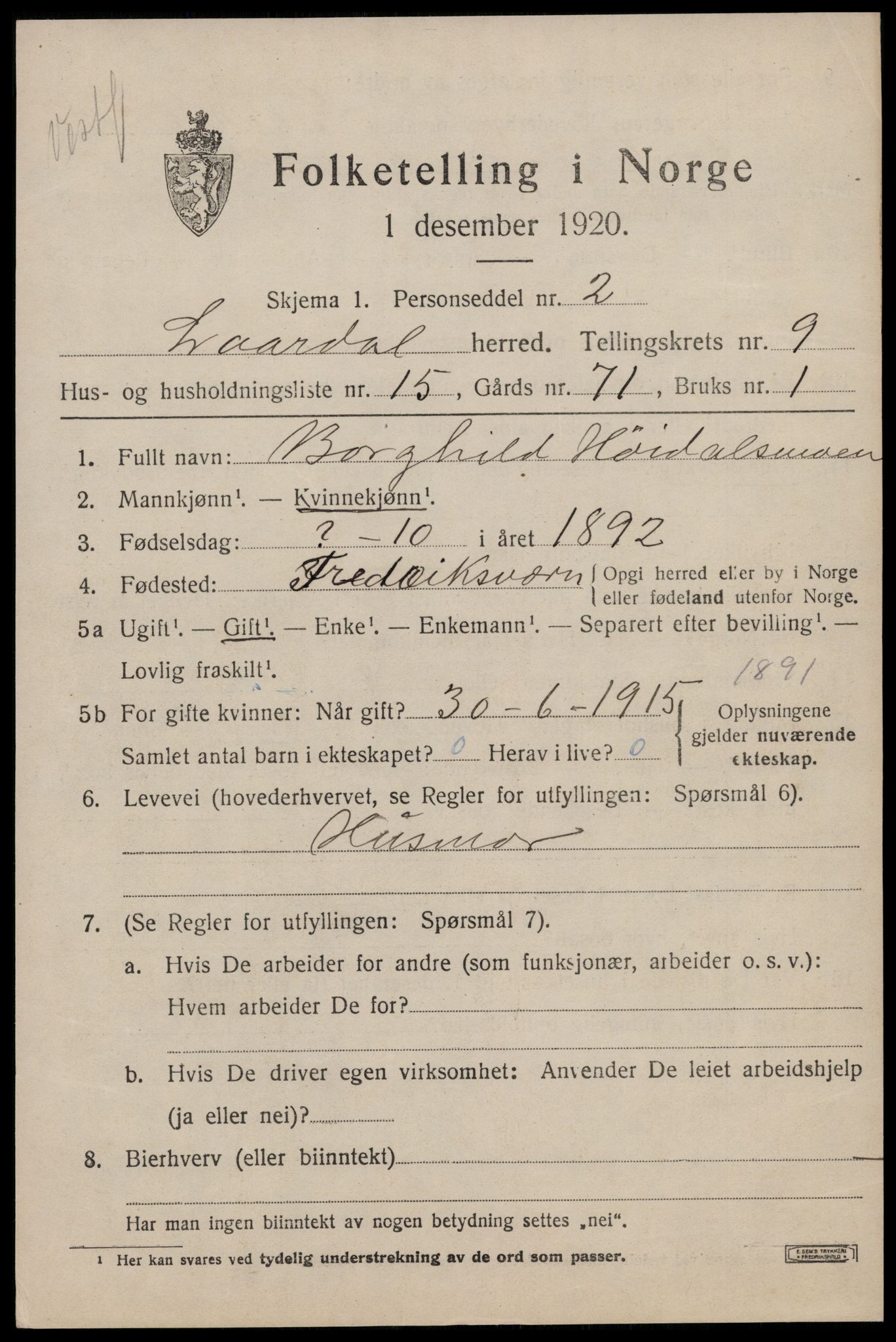 SAKO, 1920 census for Lårdal, 1920, p. 3297