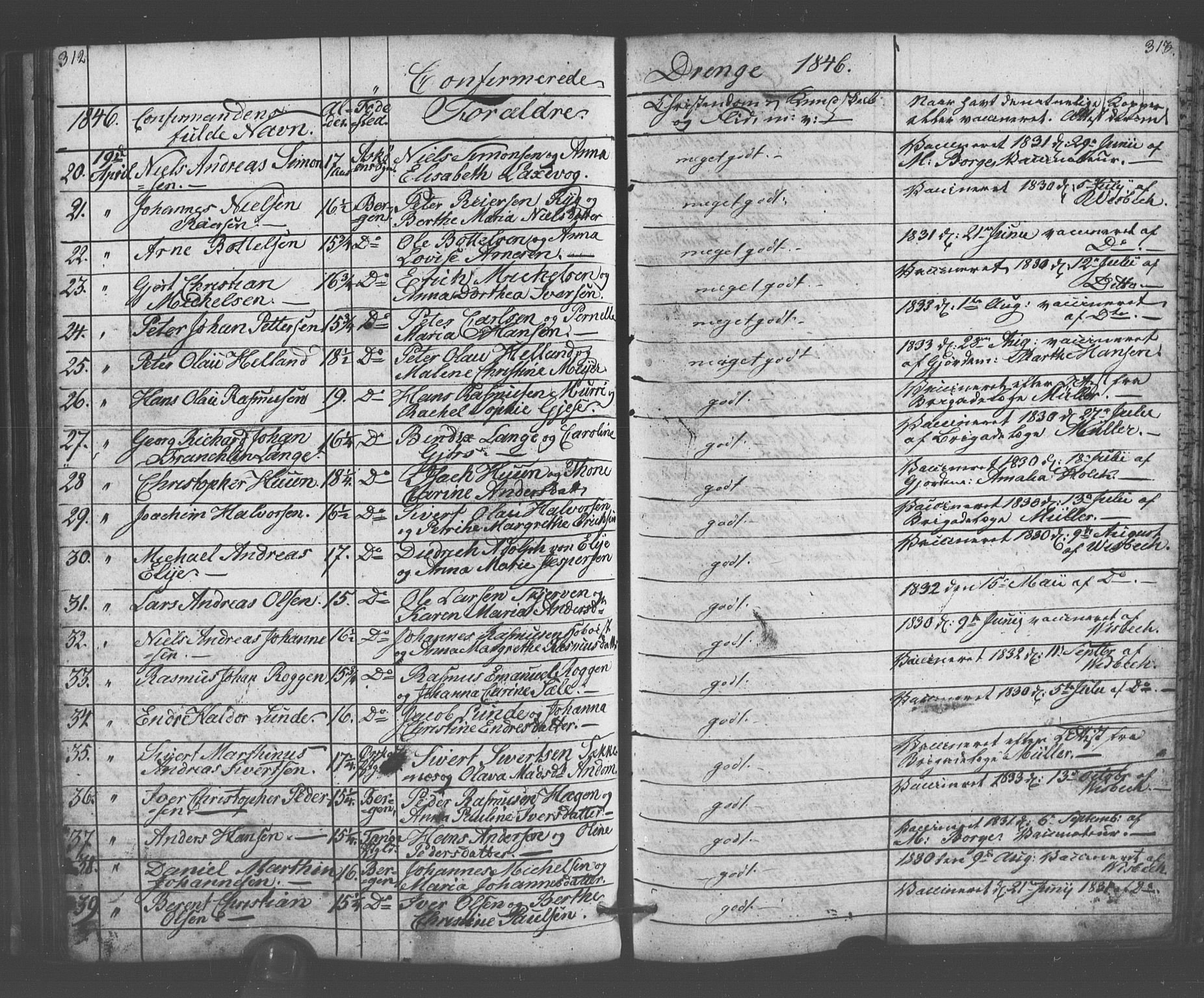 Domkirken sokneprestembete, AV/SAB-A-74801/H/Haa/L0063: Curate's parish register no. A 1, 1821-1848, p. 312-313