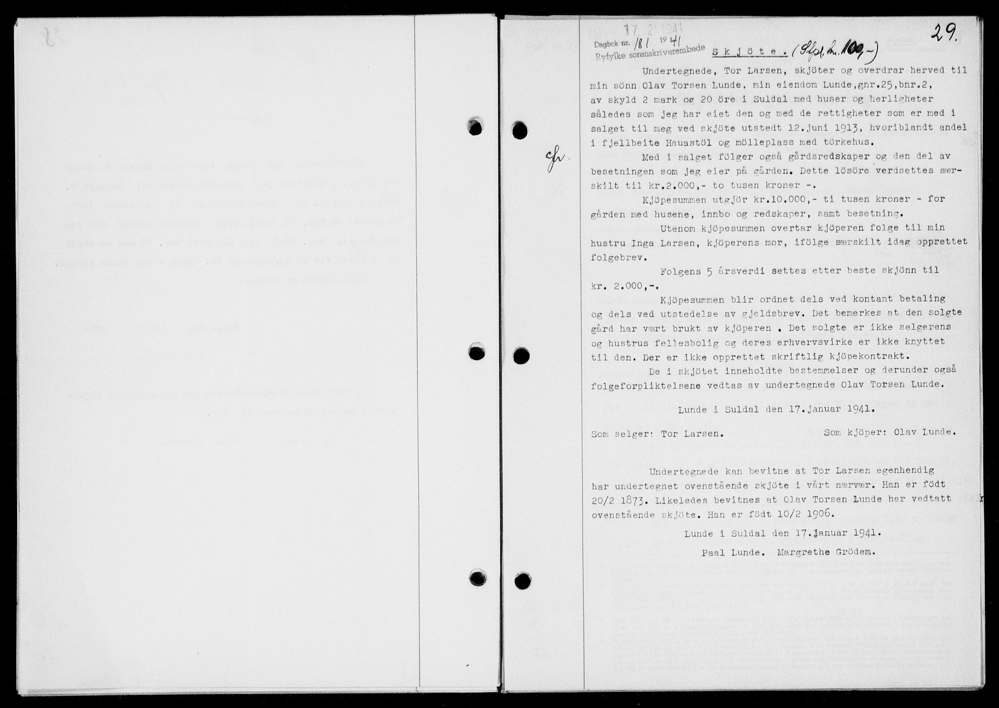 Ryfylke tingrett, SAST/A-100055/001/II/IIB/L0085: Mortgage book no. 64, 1941-1941, Diary no: : 181/1941