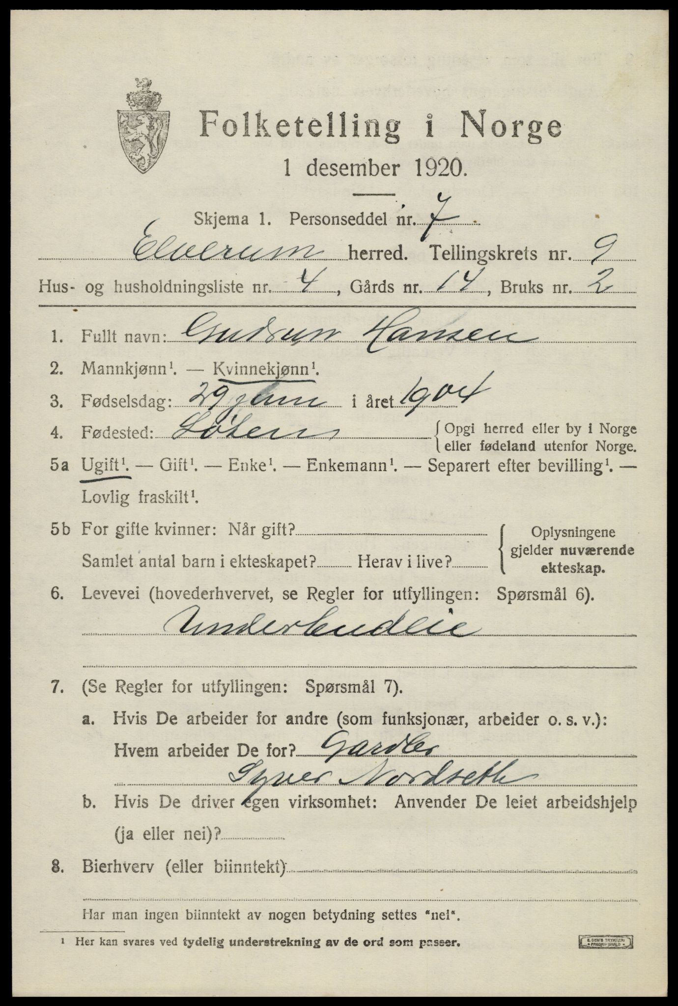 SAH, 1920 census for Elverum, 1920, p. 15602