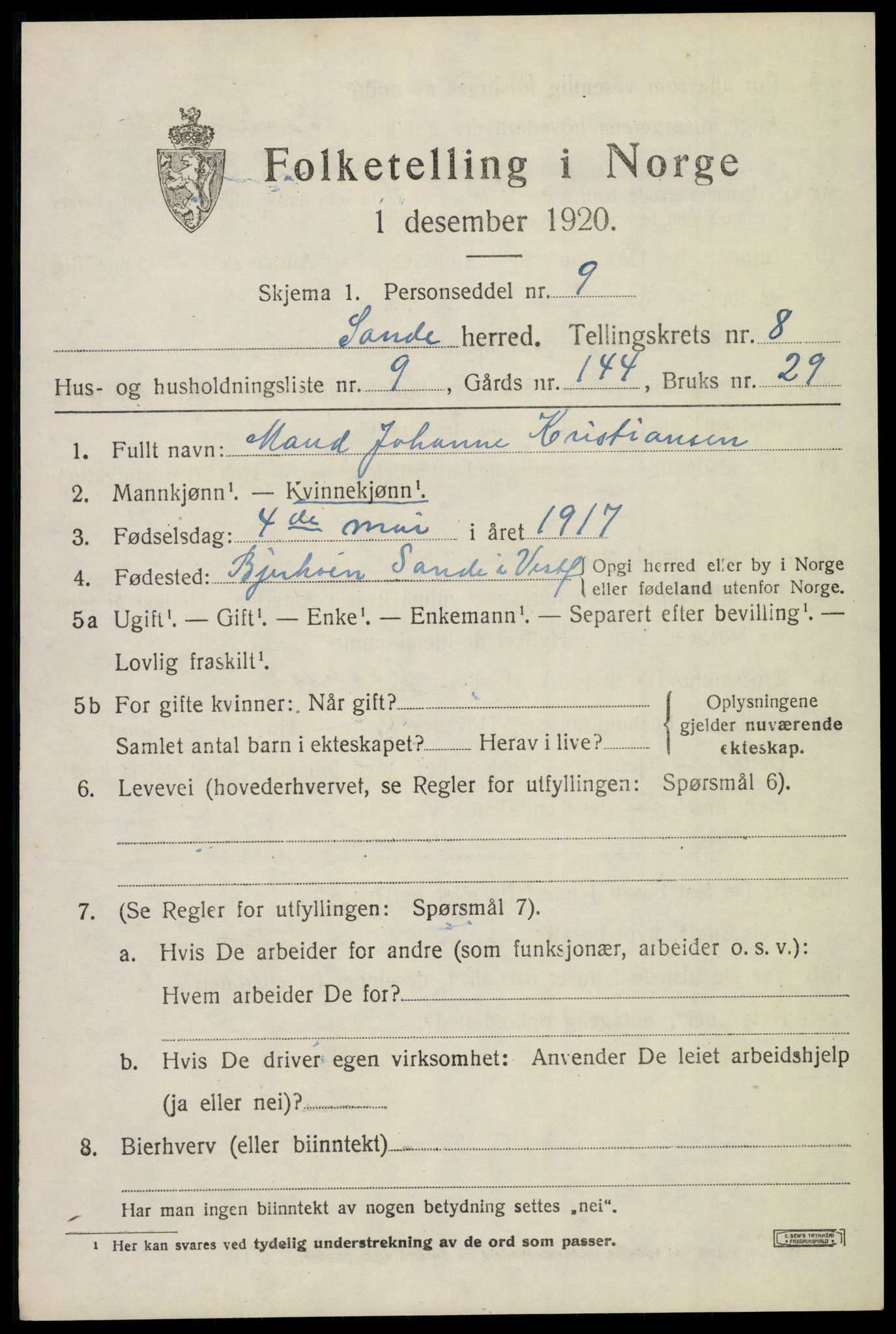 SAKO, 1920 census for Sande, 1920, p. 9038