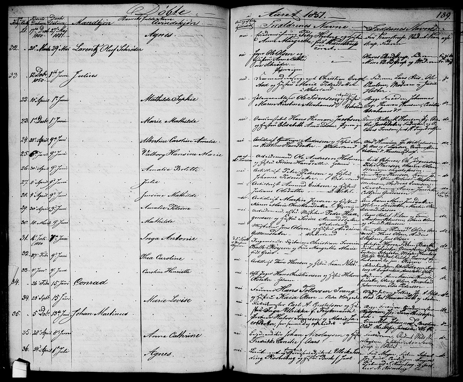 Garnisonsmenigheten Kirkebøker, AV/SAO-A-10846/G/Ga/L0005: Parish register (copy) no. 5, 1841-1860, p. 189