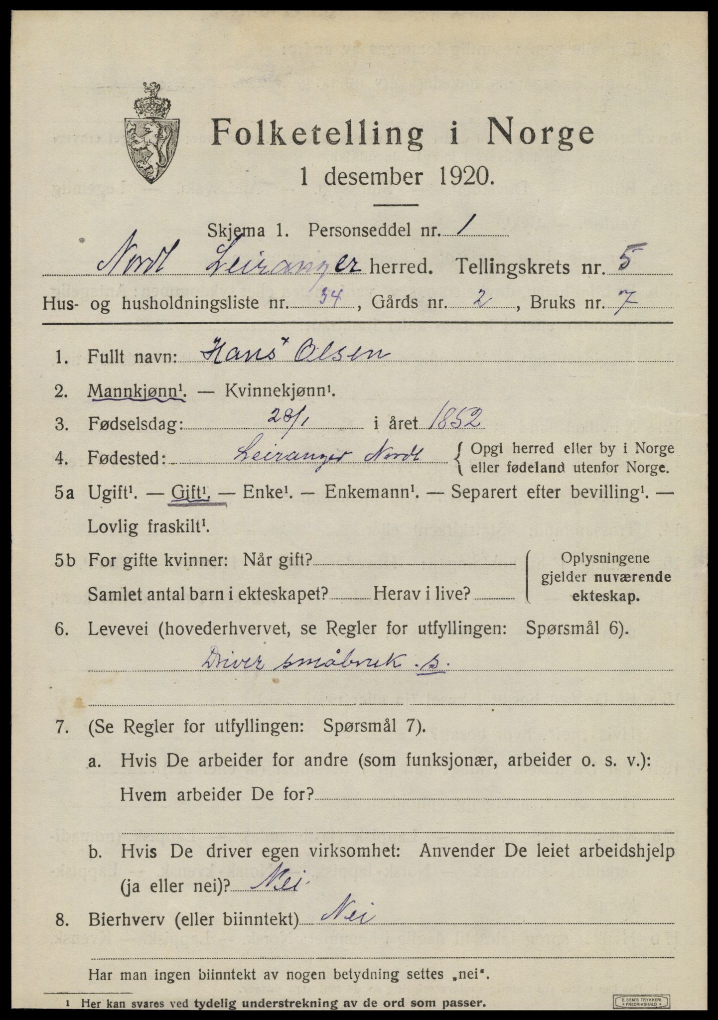 SAT, 1920 census for Leiranger, 1920, p. 2079