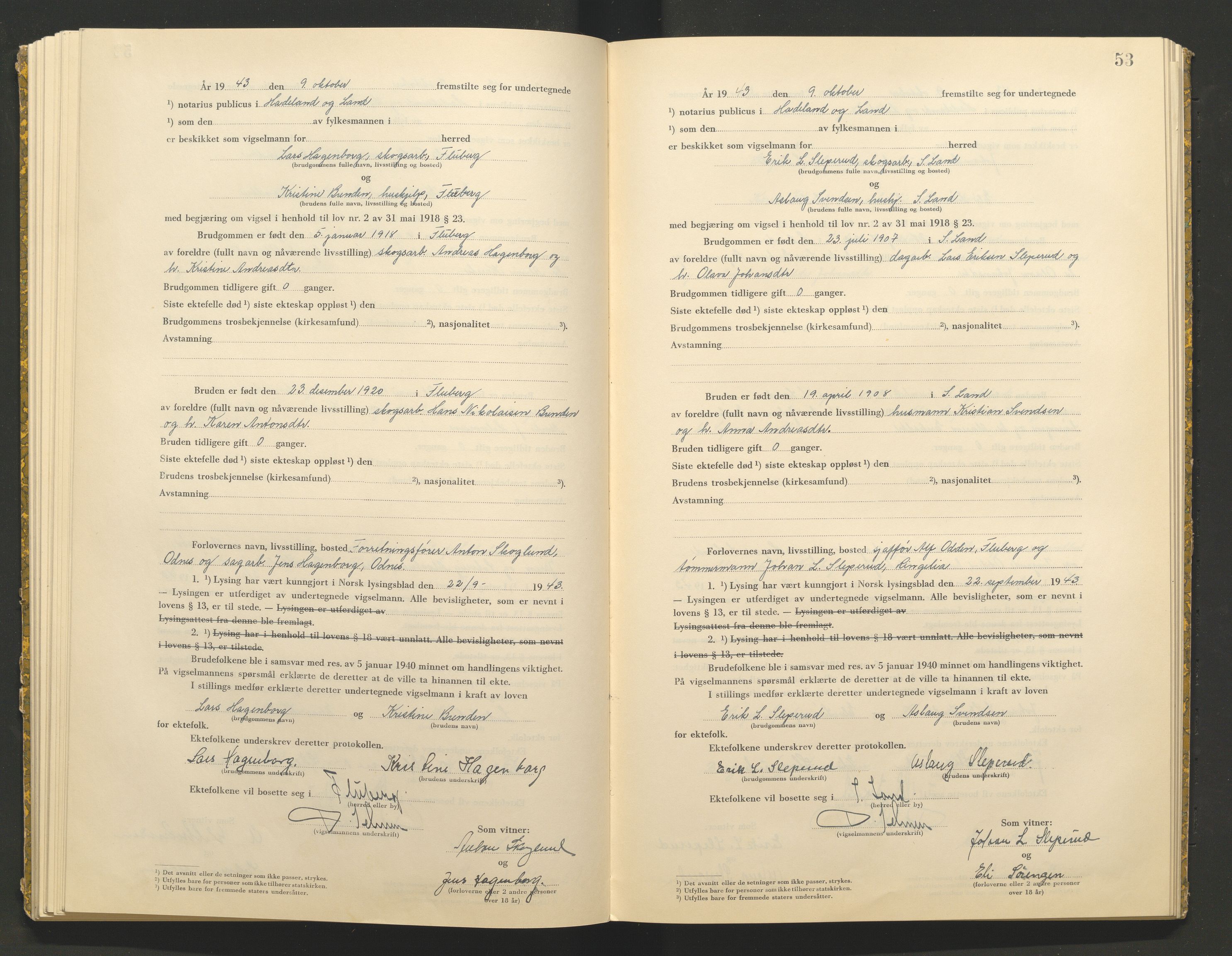 Hadeland og Land tingrett, AV/SAH-TING-010/L/Lb/L0002: Vigselbok, 1943-1944, p. 53