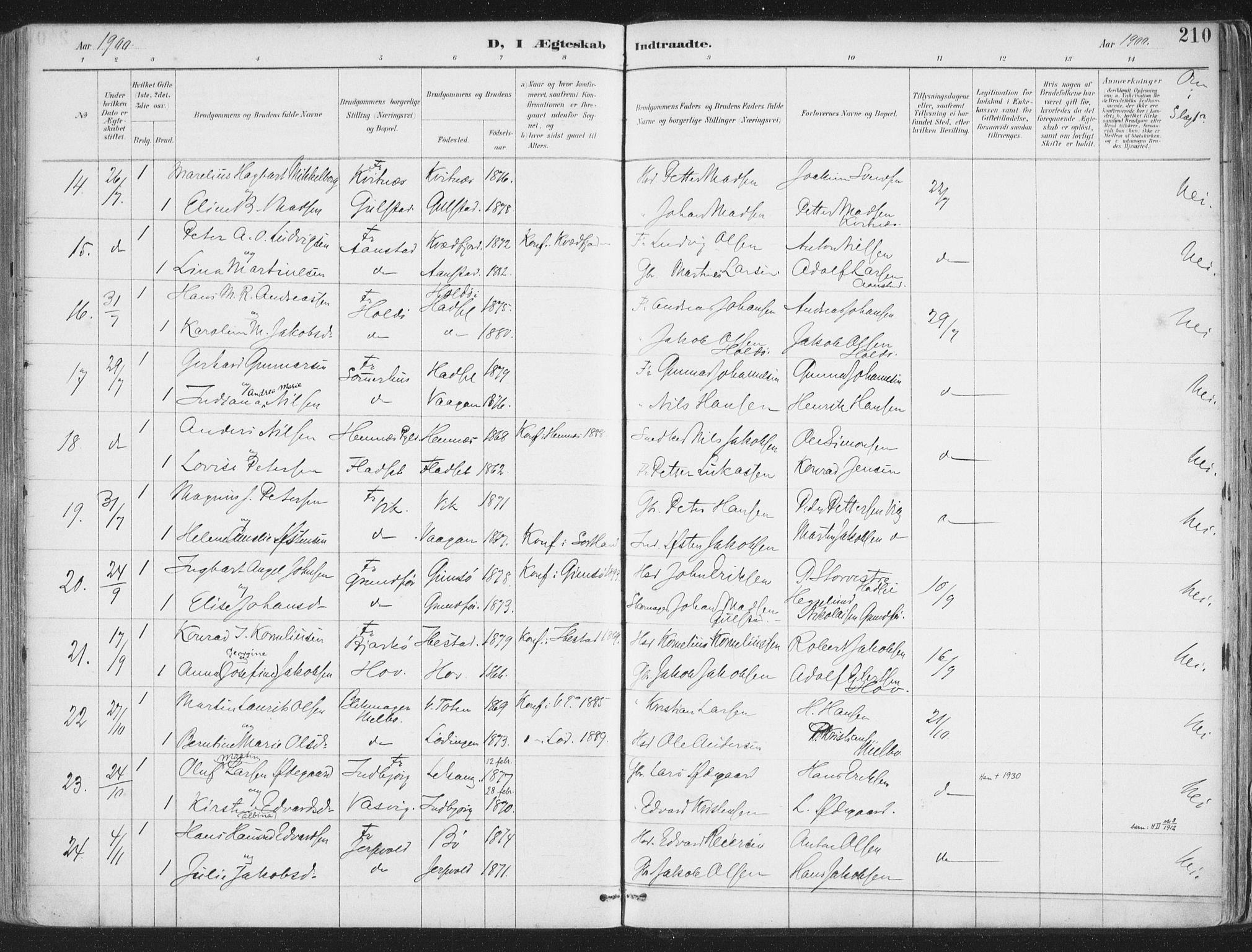 Ministerialprotokoller, klokkerbøker og fødselsregistre - Nordland, AV/SAT-A-1459/888/L1246: Parish register (official) no. 888A12, 1891-1903, p. 210