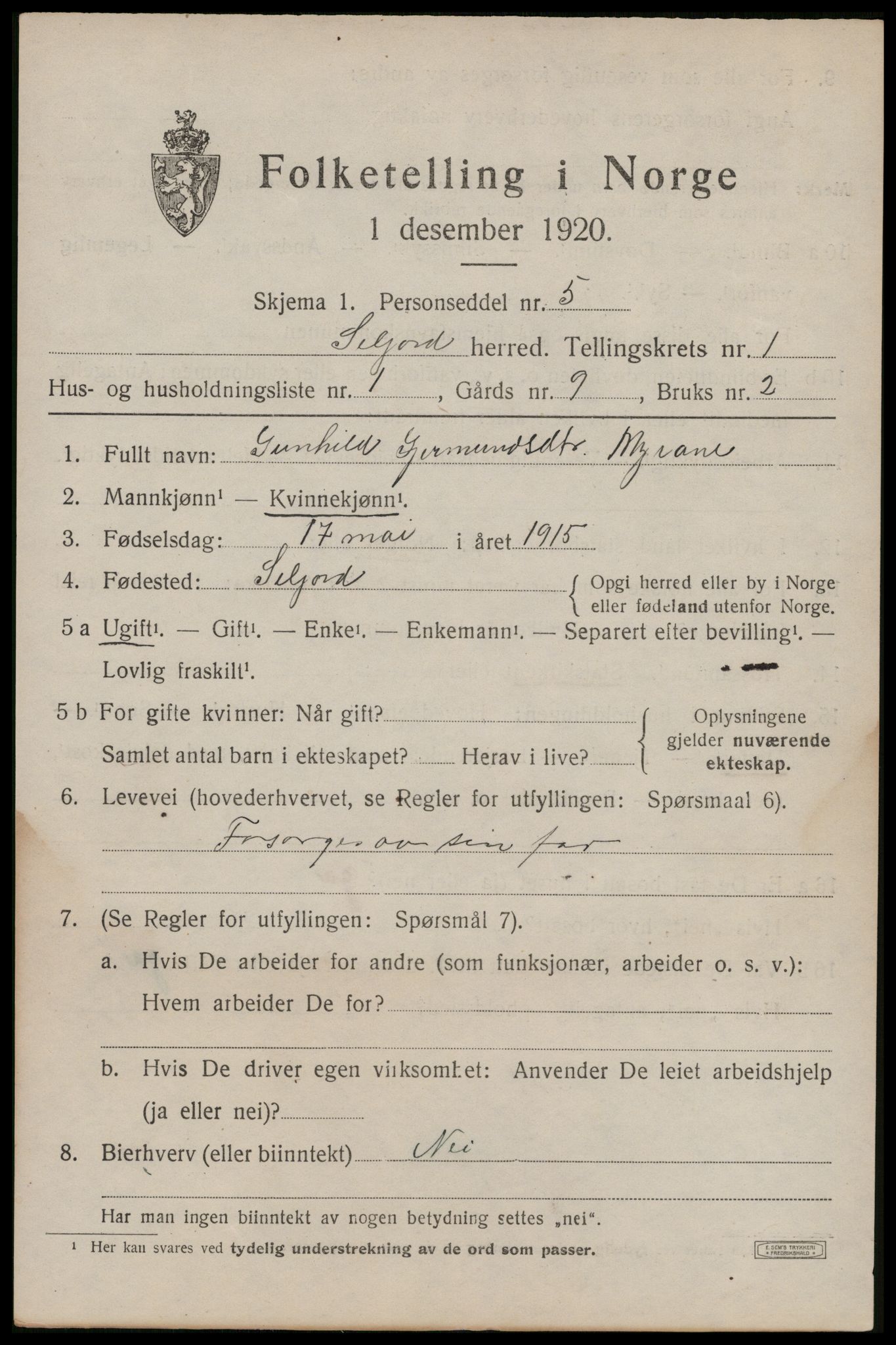 SAKO, 1920 census for Seljord, 1920, p. 1232