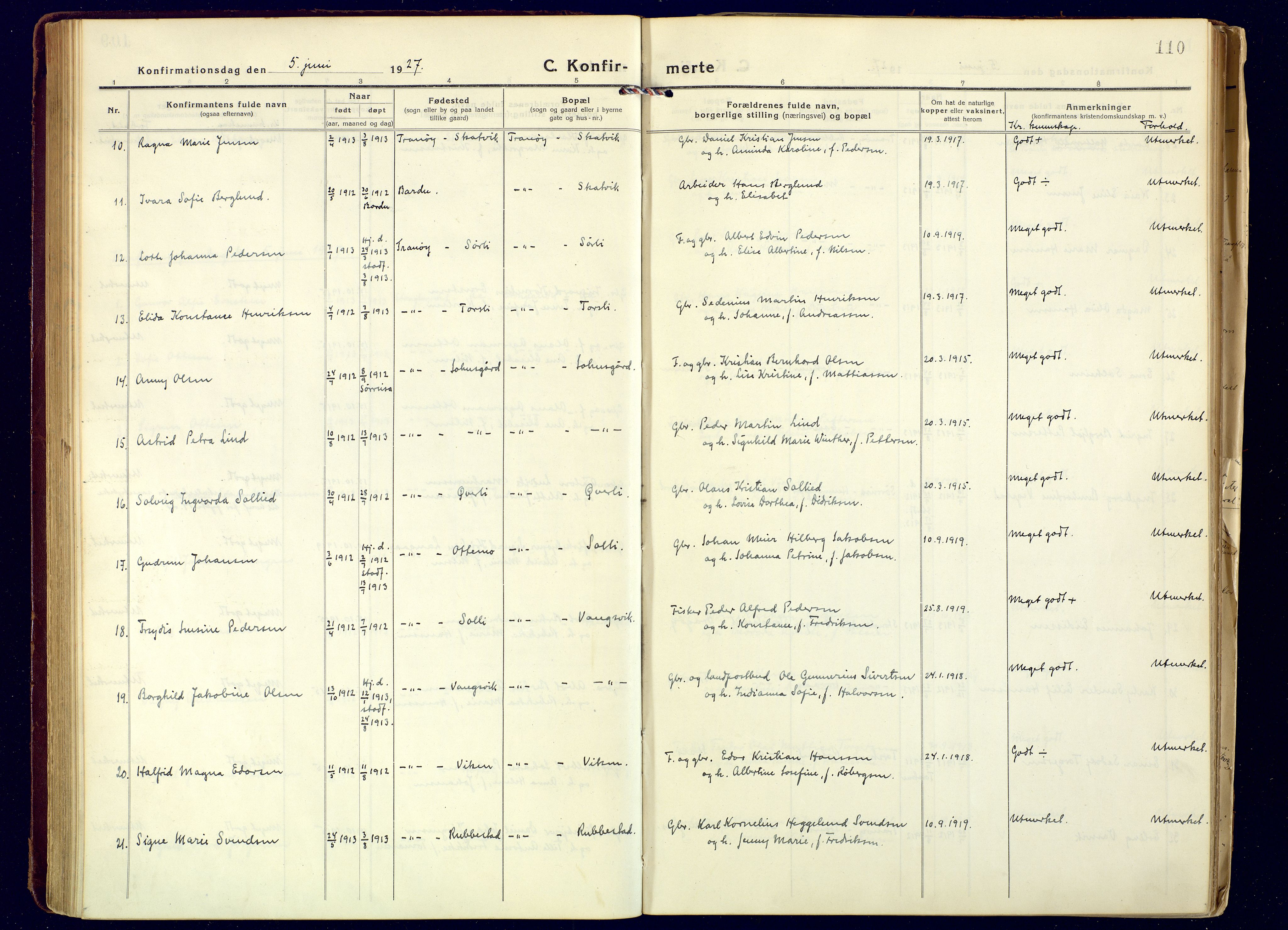 Tranøy sokneprestkontor, AV/SATØ-S-1313/I/Ia/Iaa/L0016kirke: Parish register (official) no. 16, 1919-1932, p. 110