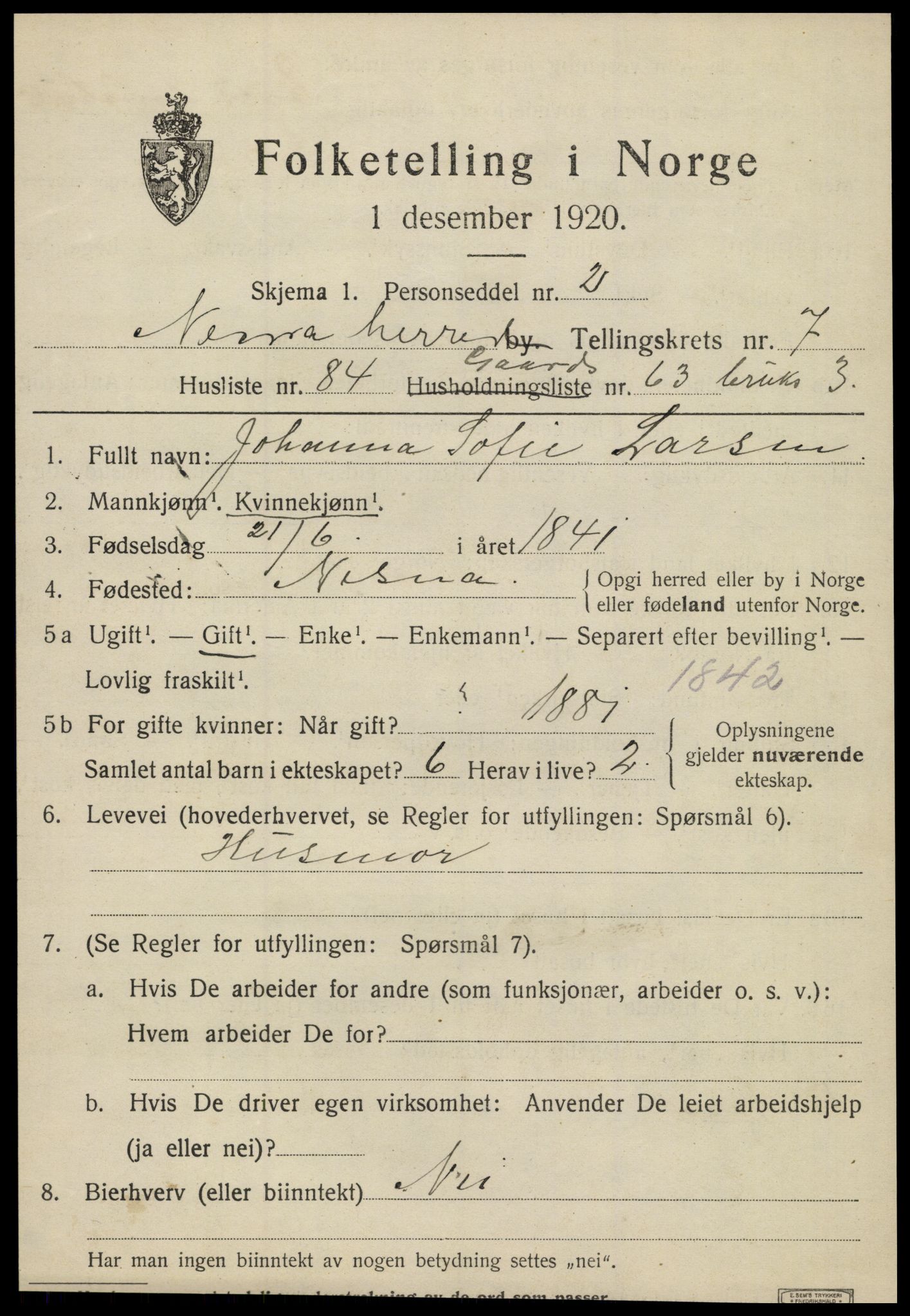 SAT, 1920 census for Nesna, 1920, p. 6545