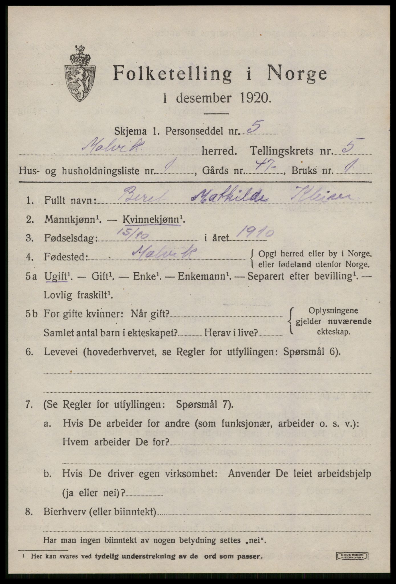 SAT, 1920 census for Malvik, 1920, p. 3188