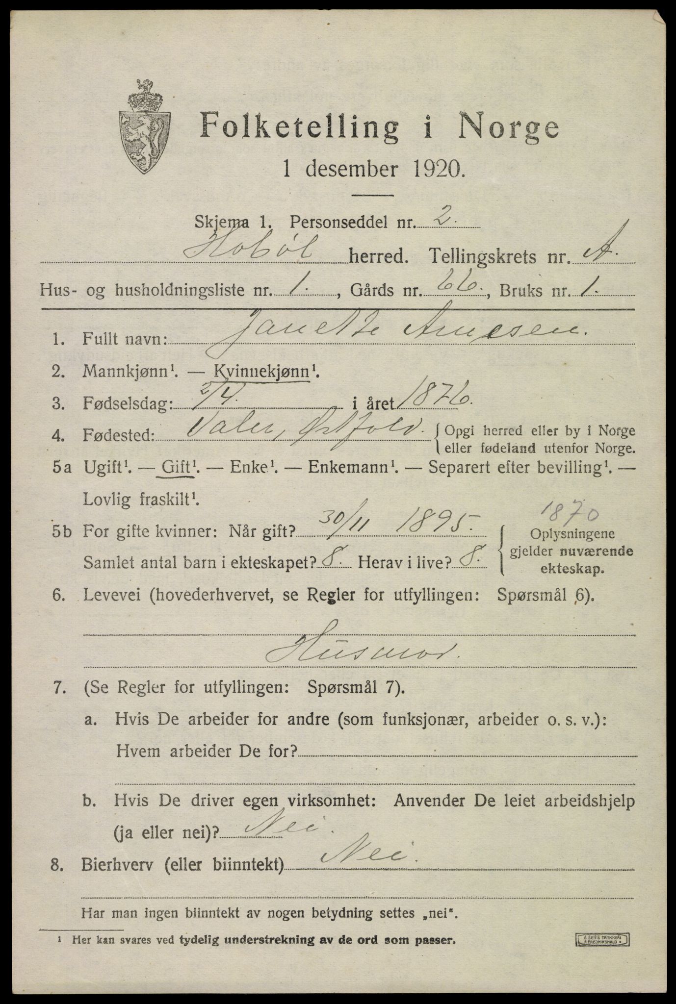 SAO, 1920 census for Hobøl, 1920, p. 888