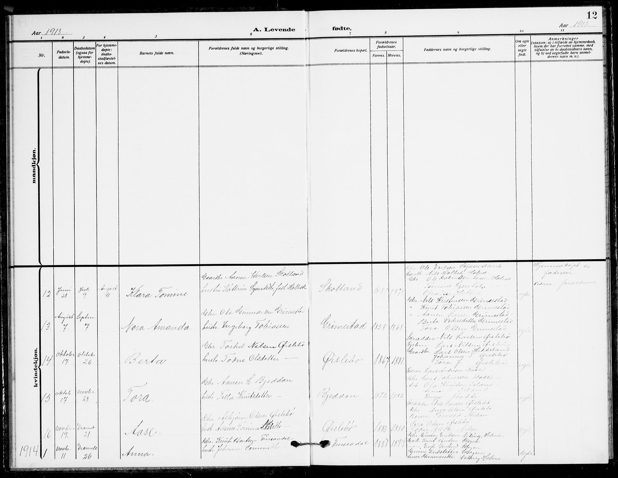 Holum sokneprestkontor, AV/SAK-1111-0022/F/Fb/Fbc/L0004: Parish register (copy) no. B 4, 1908-1930, p. 12