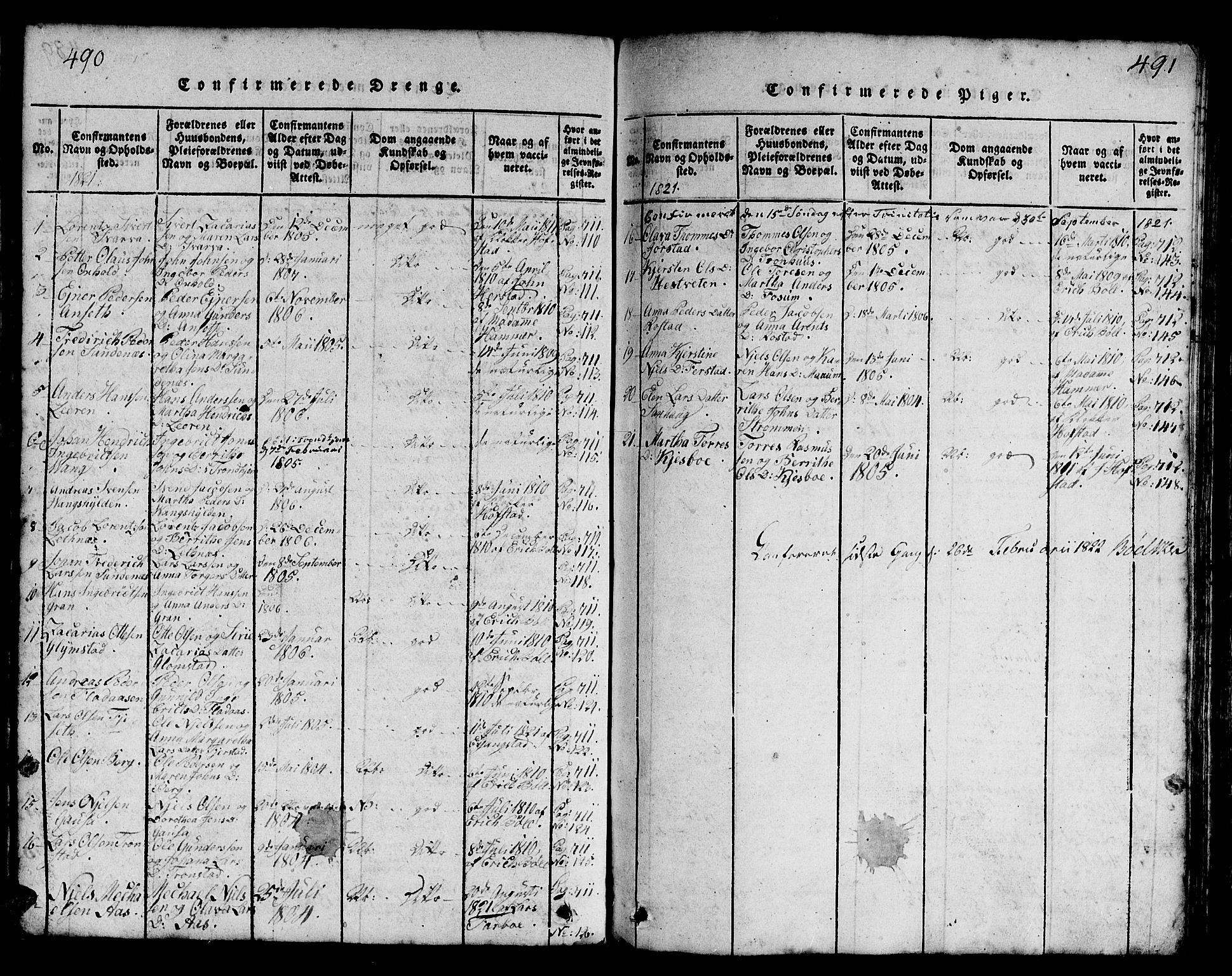 Ministerialprotokoller, klokkerbøker og fødselsregistre - Nord-Trøndelag, SAT/A-1458/730/L0298: Parish register (copy) no. 730C01, 1816-1849, p. 490-491