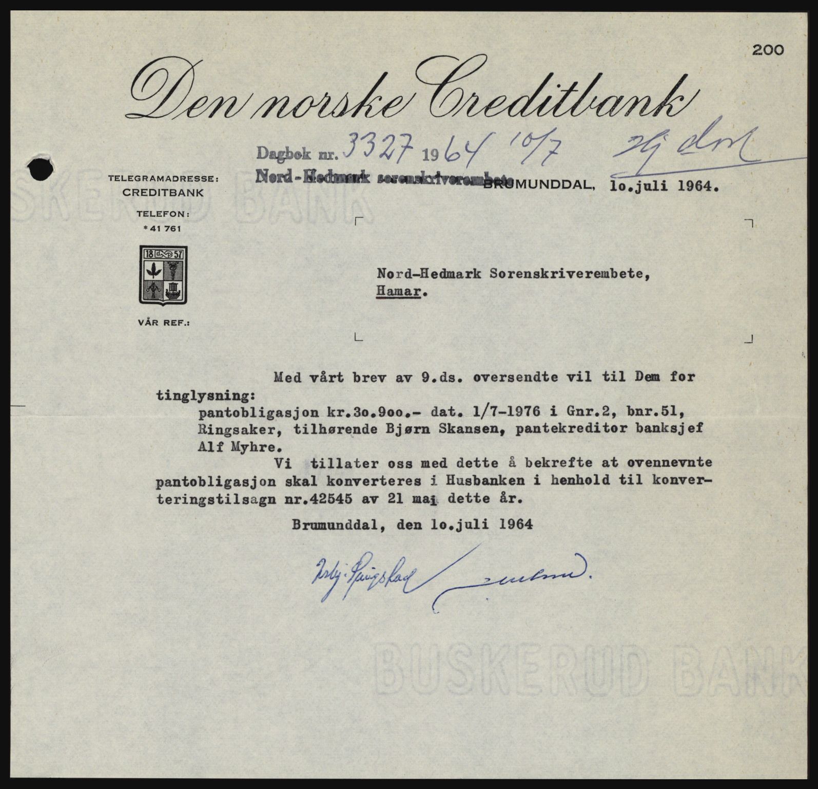 Nord-Hedmark sorenskriveri, SAH/TING-012/H/Hc/L0020: Mortgage book no. 20, 1964-1964, Diary no: : 3327/1964
