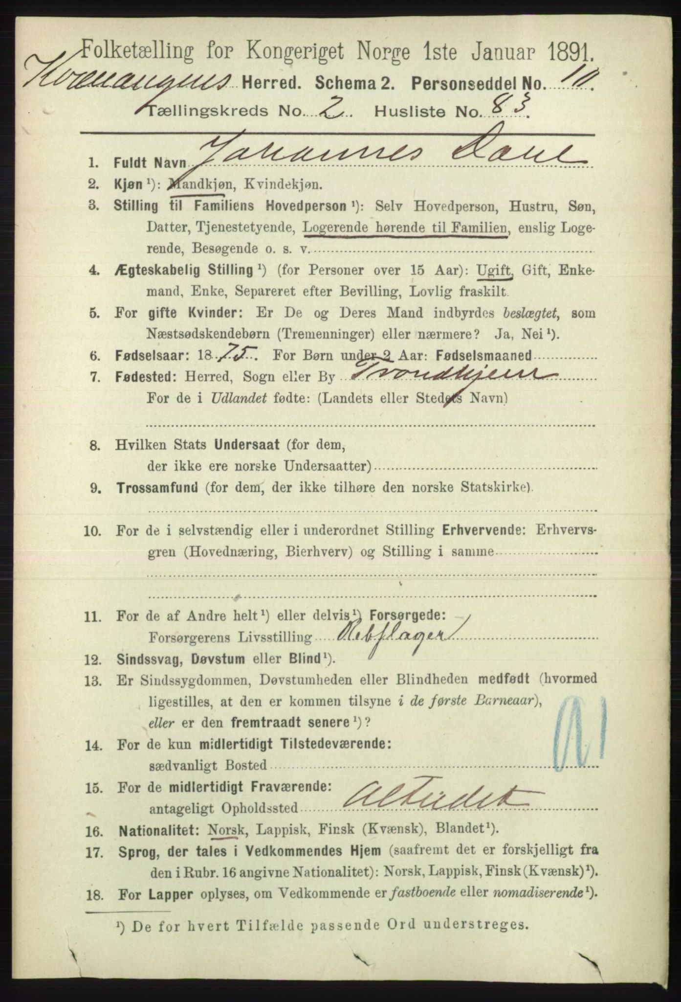 RA, 1891 census for 1943 Kvænangen, 1891, p. 992