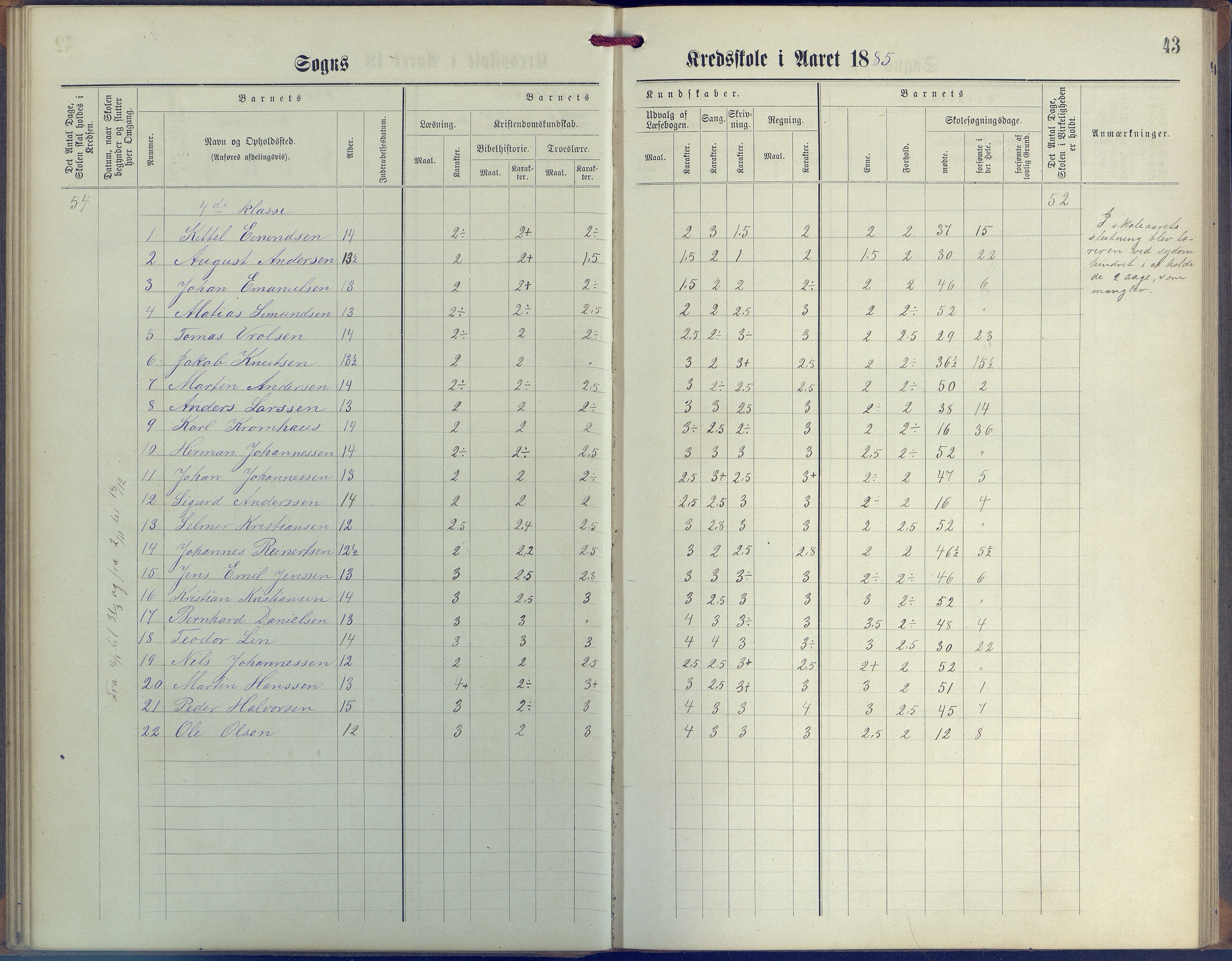 Øyestad kommune frem til 1979, AAKS/KA0920-PK/06/06G/L0003: Skoleprotokoll, 1877-1889, p. 43