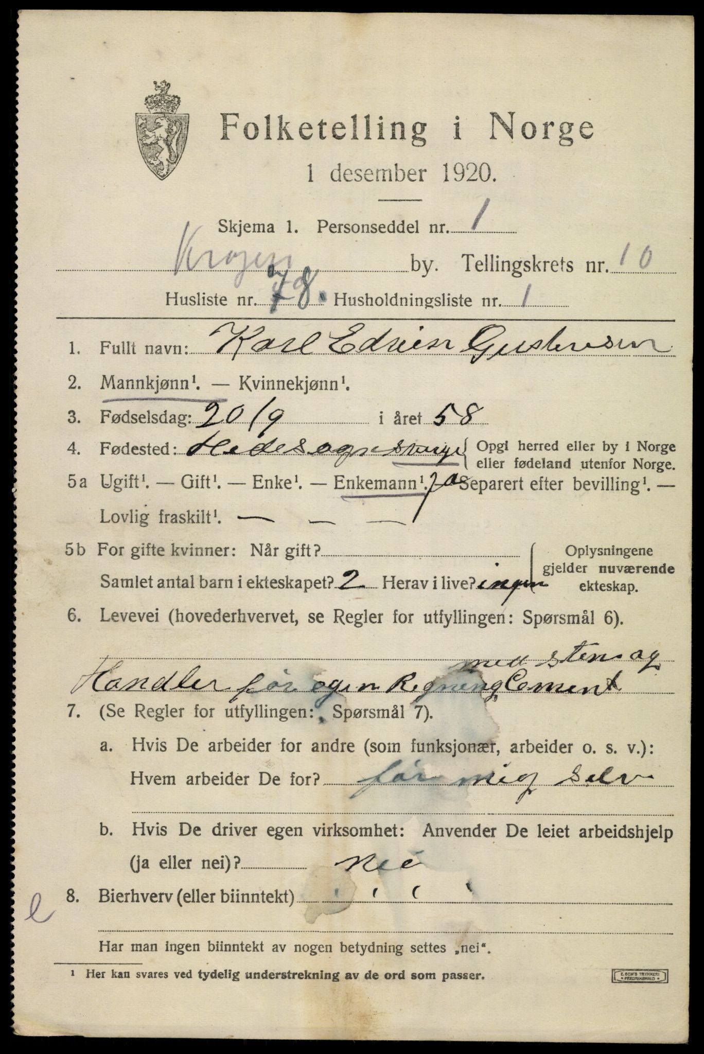 SAKO, 1920 census for Kragerø, 1920, p. 13893