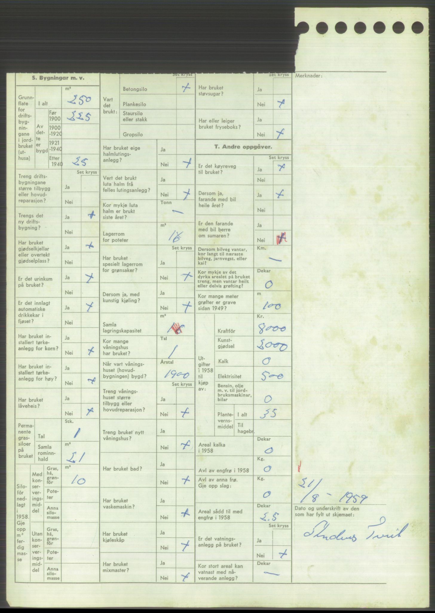 Statistisk sentralbyrå, Næringsøkonomiske emner, Jordbruk, skogbruk, jakt, fiske og fangst, AV/RA-S-2234/G/Gd/L0373: Rogaland: 1130 Strand (kl. 1-2), 1131 Årdal og 1132 Fister, 1959, p. 1330