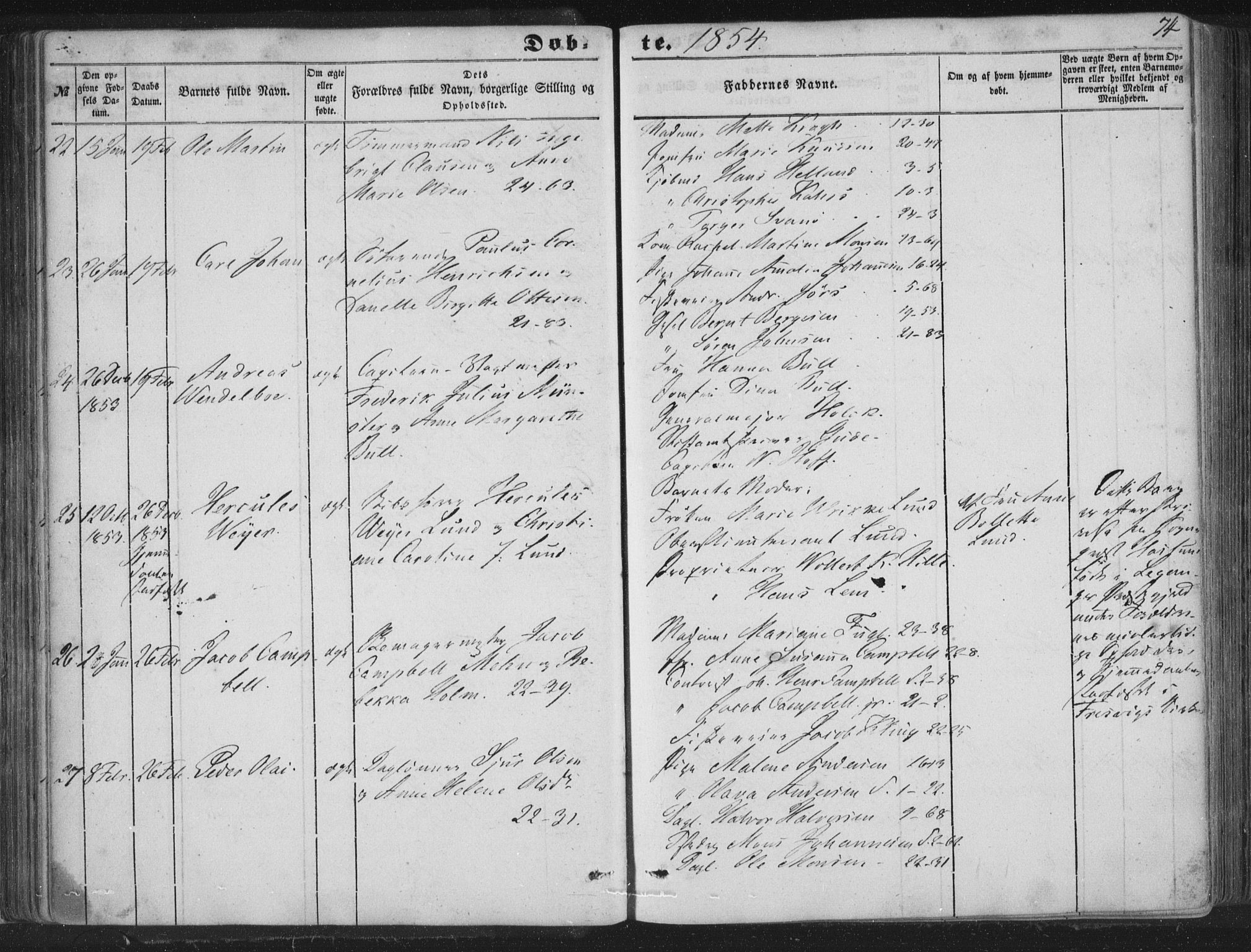 Korskirken sokneprestembete, AV/SAB-A-76101/H/Haa/L0017: Parish register (official) no. B 3, 1851-1857, p. 74