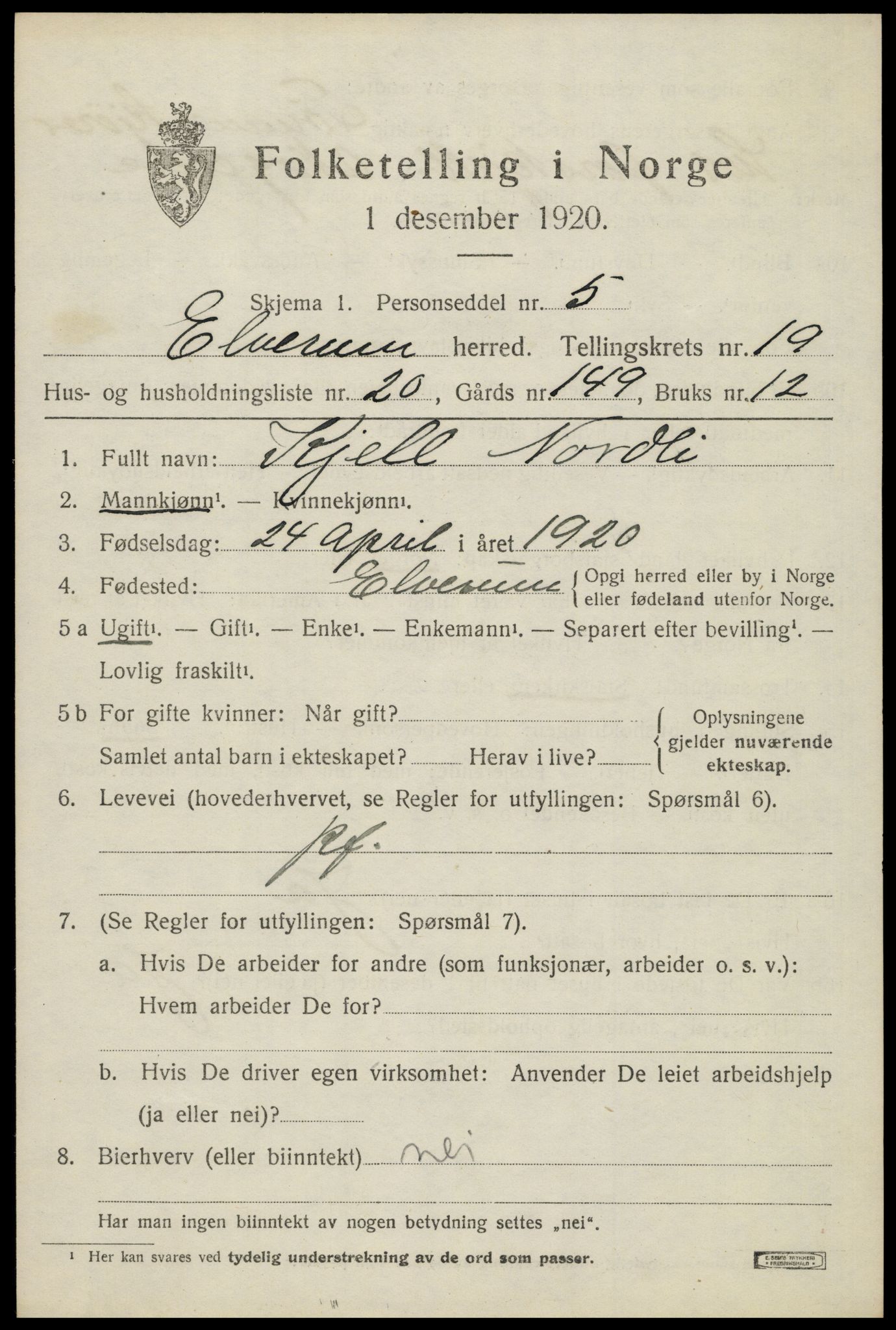 SAH, 1920 census for Elverum, 1920, p. 22768