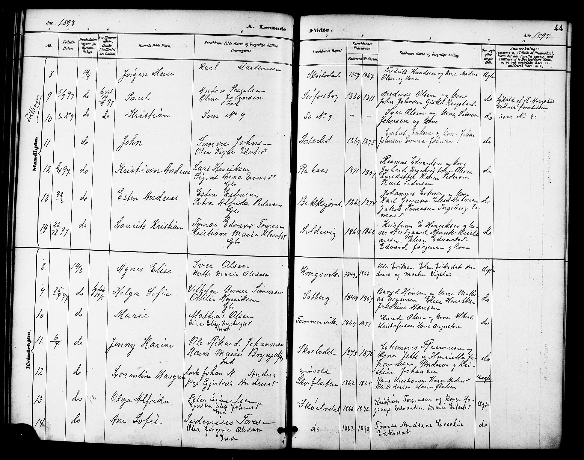 Tranøy sokneprestkontor, SATØ/S-1313/I/Ia/Iab/L0022klokker: Parish register (copy) no. 22, 1887-1912, p. 44