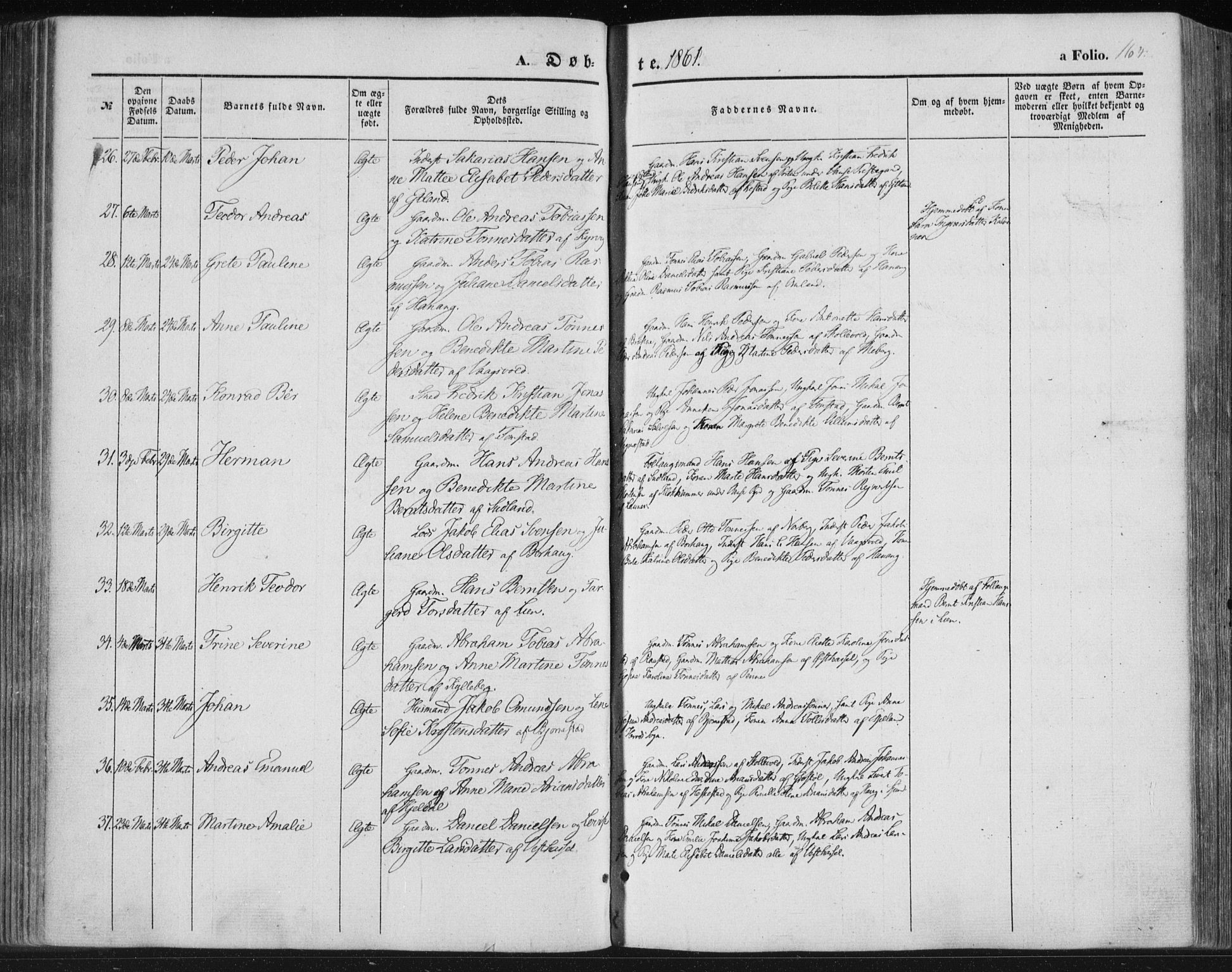 Lista sokneprestkontor, AV/SAK-1111-0027/F/Fa/L0010: Parish register (official) no. A 10, 1846-1861, p. 164