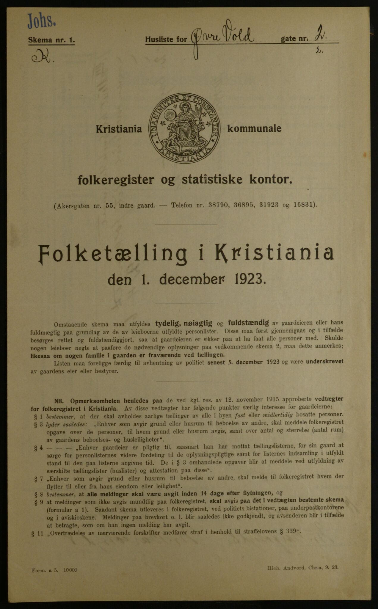 OBA, Municipal Census 1923 for Kristiania, 1923, p. 143303