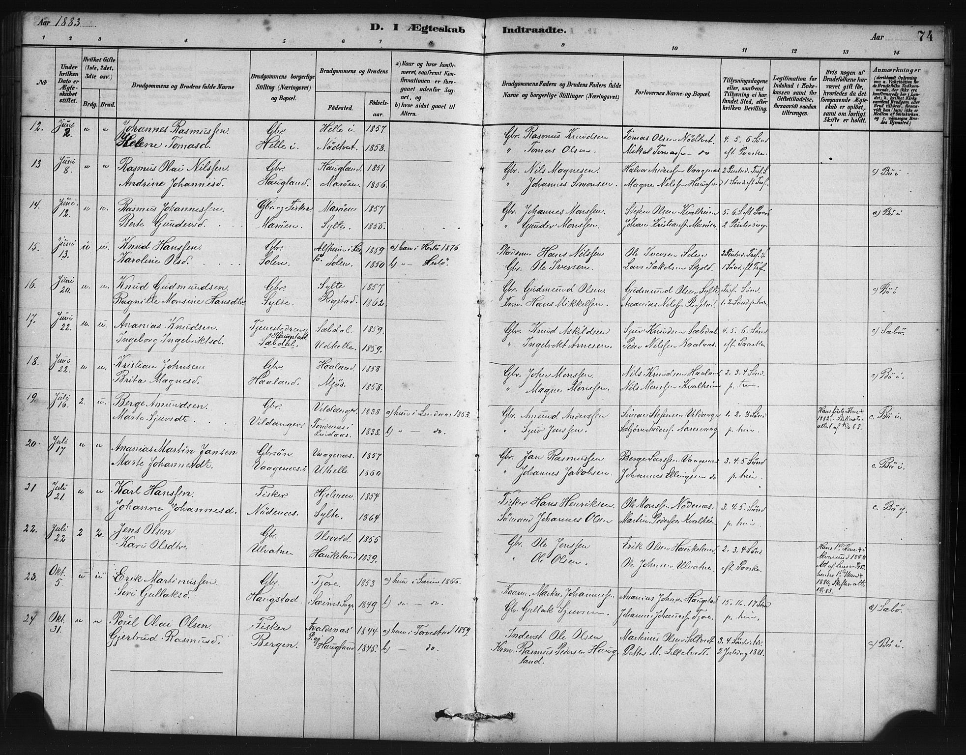 Manger sokneprestembete, AV/SAB-A-76801/H/Haa: Parish register (official) no. B 1, 1881-1892, p. 74