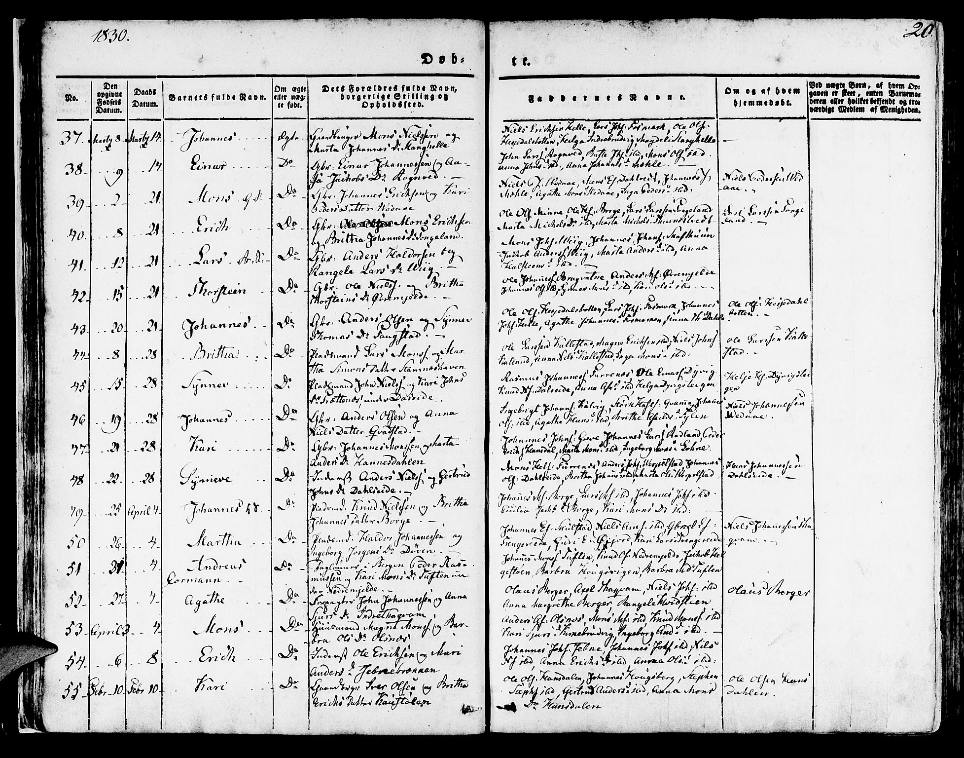 Haus sokneprestembete, AV/SAB-A-75601/H/Haa: Parish register (official) no. A 14, 1827-1838, p. 20