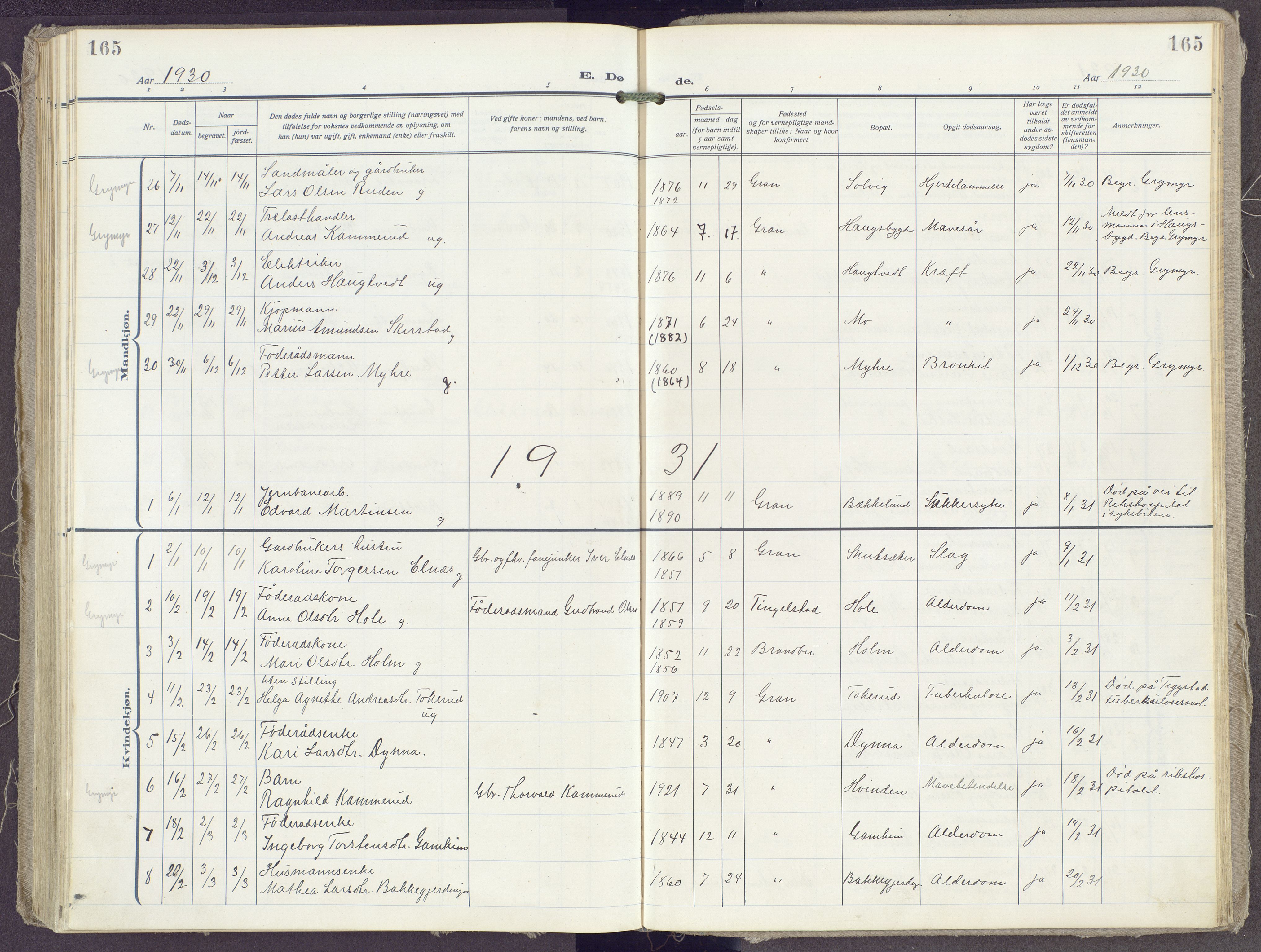 Gran prestekontor, SAH/PREST-112/H/Ha/Haa/L0023: Parish register (official) no. 23, 1919-1938, p. 165
