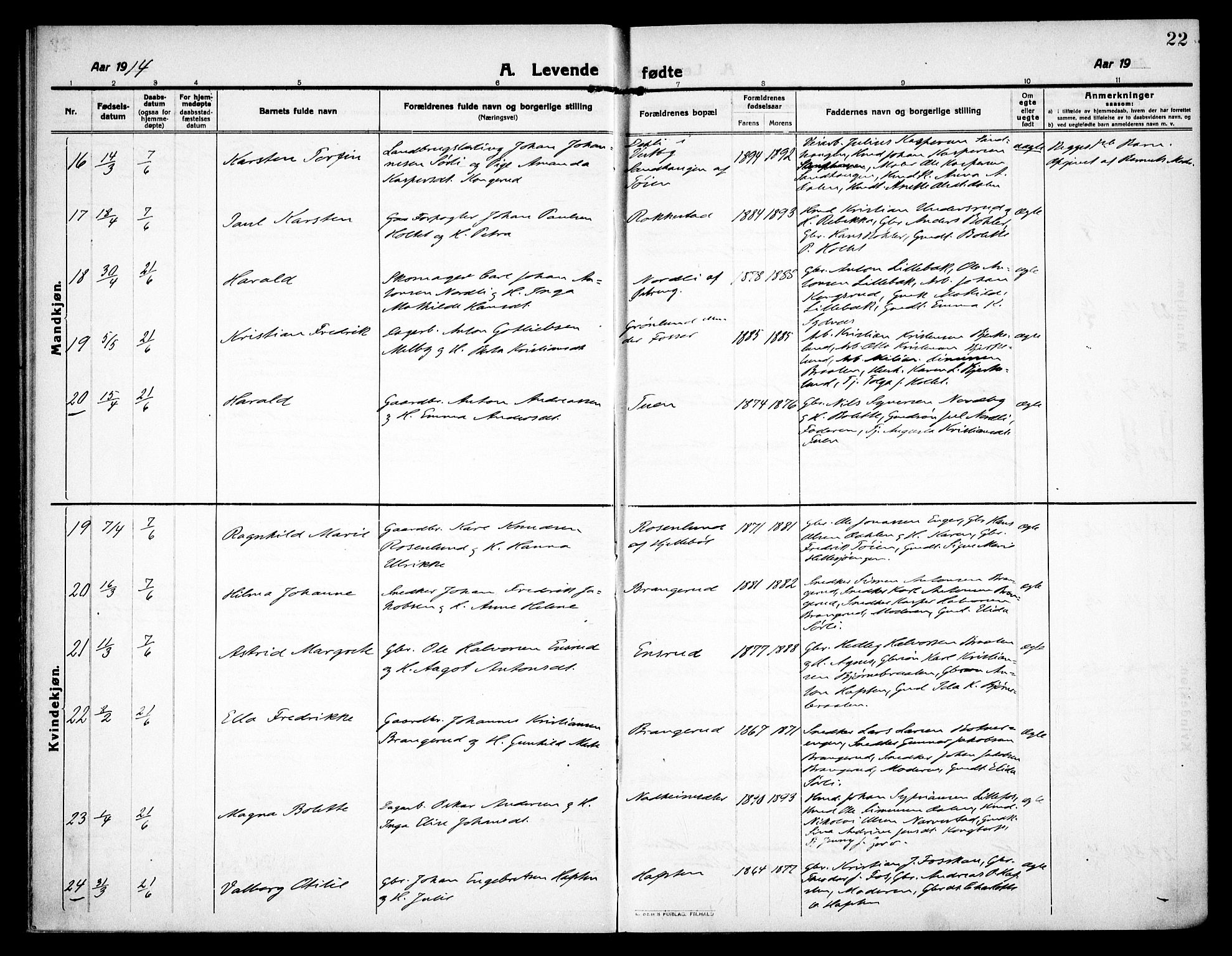 Høland prestekontor Kirkebøker, AV/SAO-A-10346a/F/Fa/L0016: Parish register (official) no. I 16, 1912-1921, p. 22