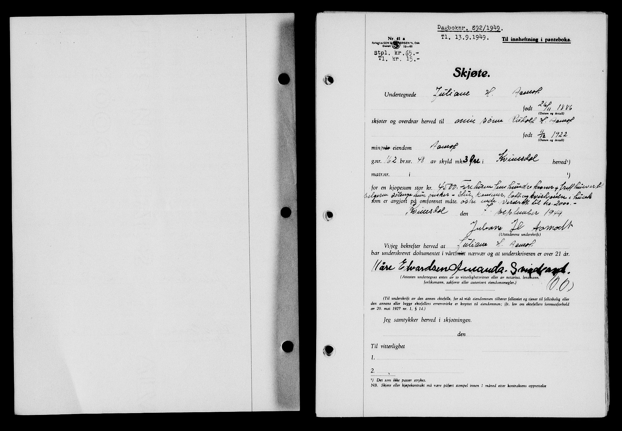 Flekkefjord sorenskriveri, SAK/1221-0001/G/Gb/Gba/L0065: Mortgage book no. A-13, 1949-1949, Diary no: : 892/1949